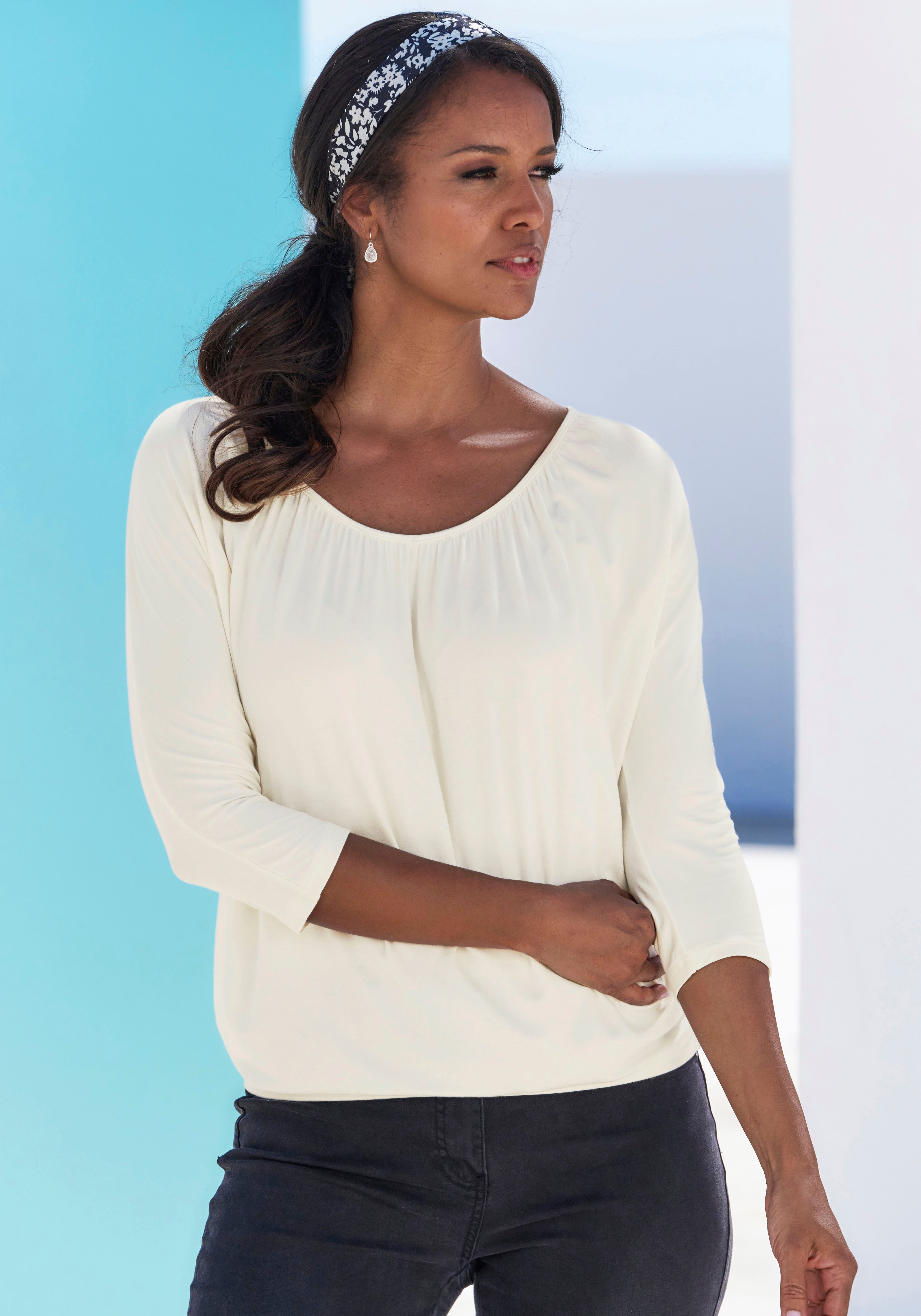 LASCANA 3/4-Arm-Shirt mit zarter Raffung am Ausschnitt (2er-Pack) aus luftigem Viskose-Stretch