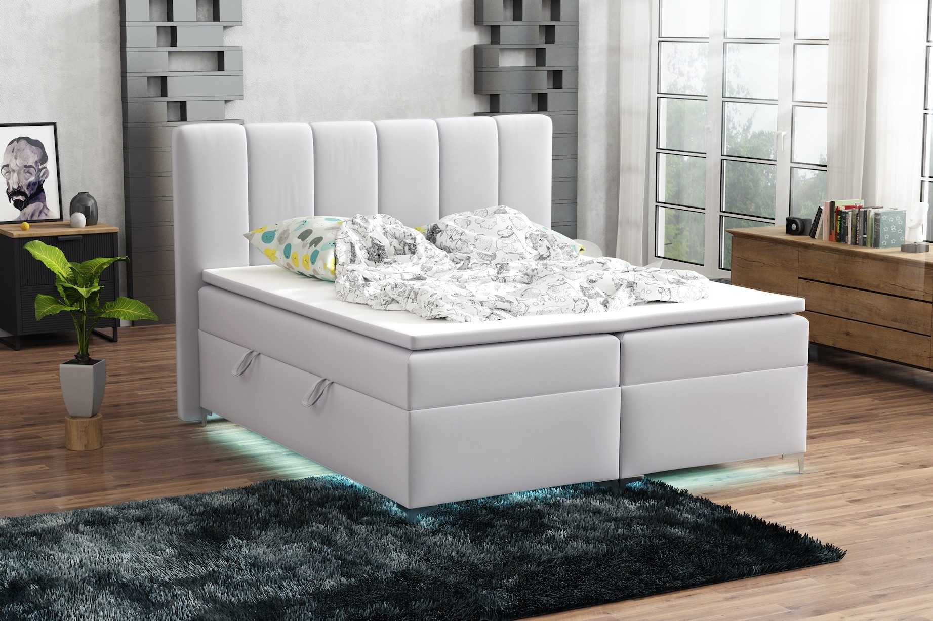 Fun Möbel Boxbett Bett Schlafzimmerbett ANGEL inkl. LED-Beleuchtung (Bettkasten Beleuchtet, inkl. Fernbedienung für die LED-Beleuchtung), Inkl. Topper und Bettkasten