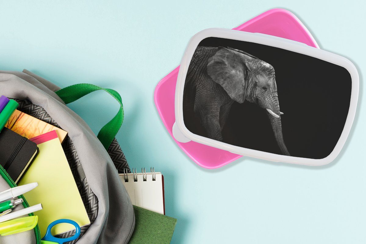 MuchoWow Lunchbox Elefant - Kunststoff, Mädchen, - Schwarz - für und Porträt rosa (2-tlg), Brotdose Tiere, Kunststoff weiß Erwachsene, Brotbox Kinder, Snackbox