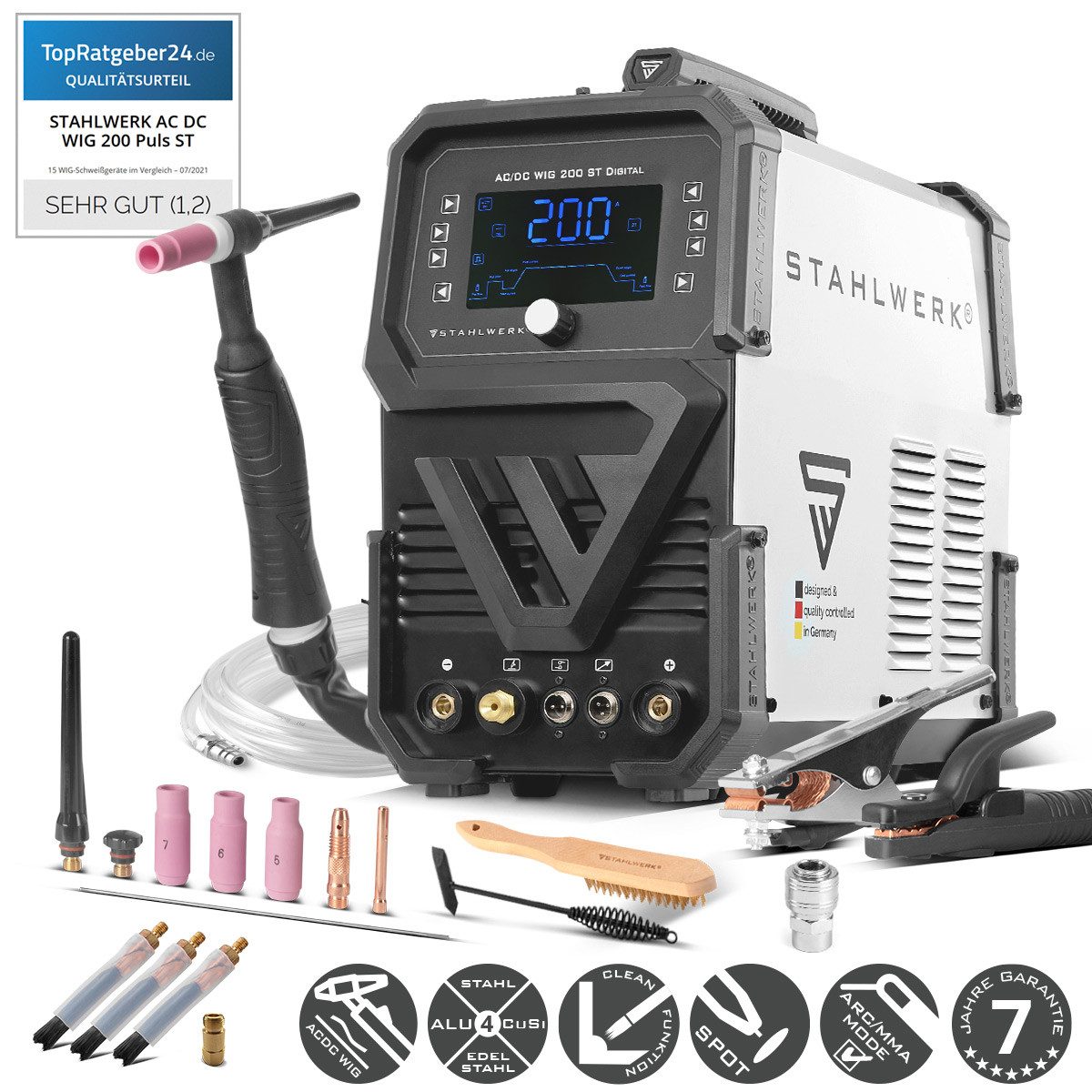 STAHLWERK Schutzgasschweißgerät 3 in 1 Kombi AC/DC WIG 200 ST Digital ARC/MMA Spot Clean, 30 - 200 A, Packung, 1-tlg., Set, Alu-geeigneter WIG MMA Inverter
