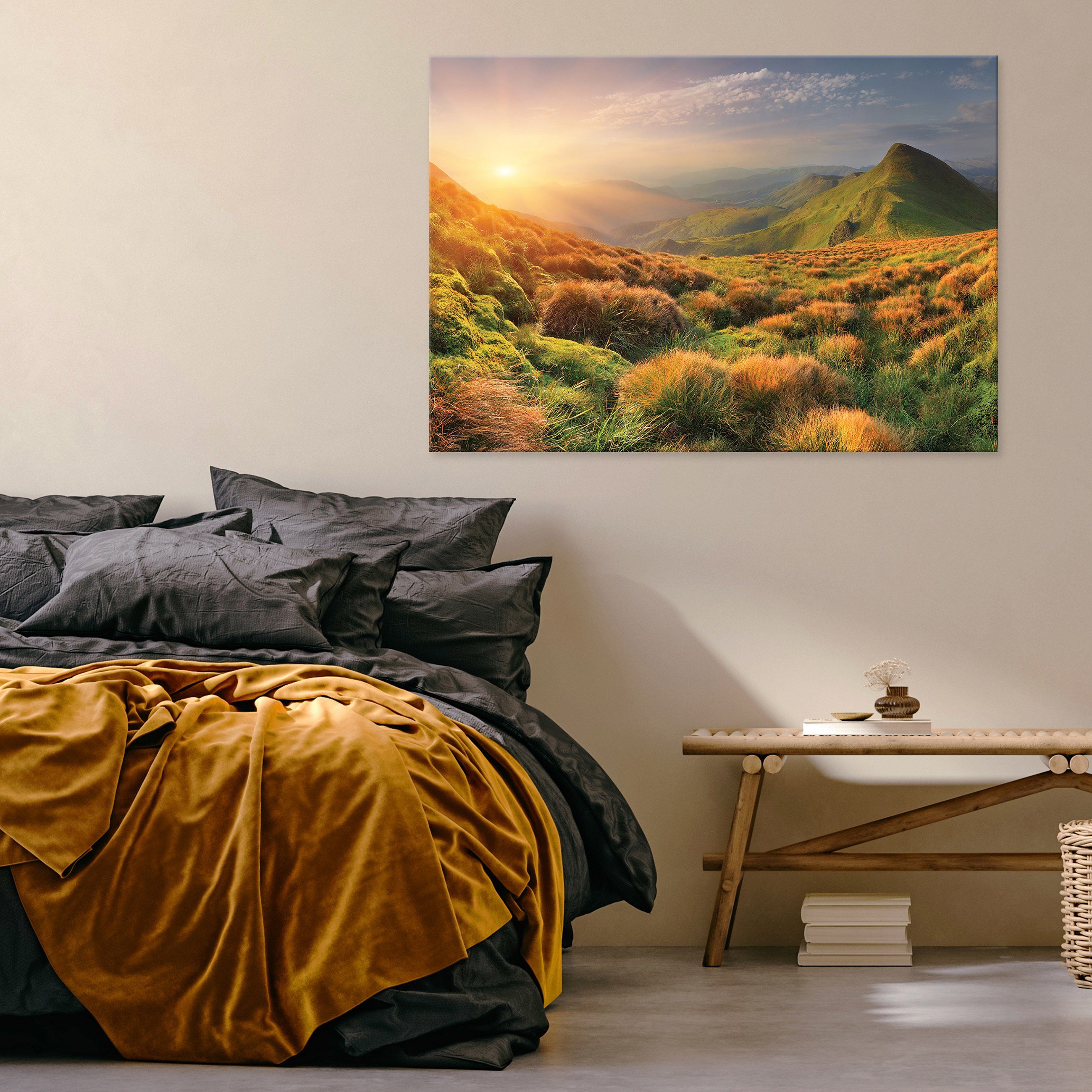 Wallarena (Einteilig), Berge XXL Wandbild Modern, Aufhängefertig Wiese Landschaft Kunst Natur Hügel Leinwandbilder Leinwandbild