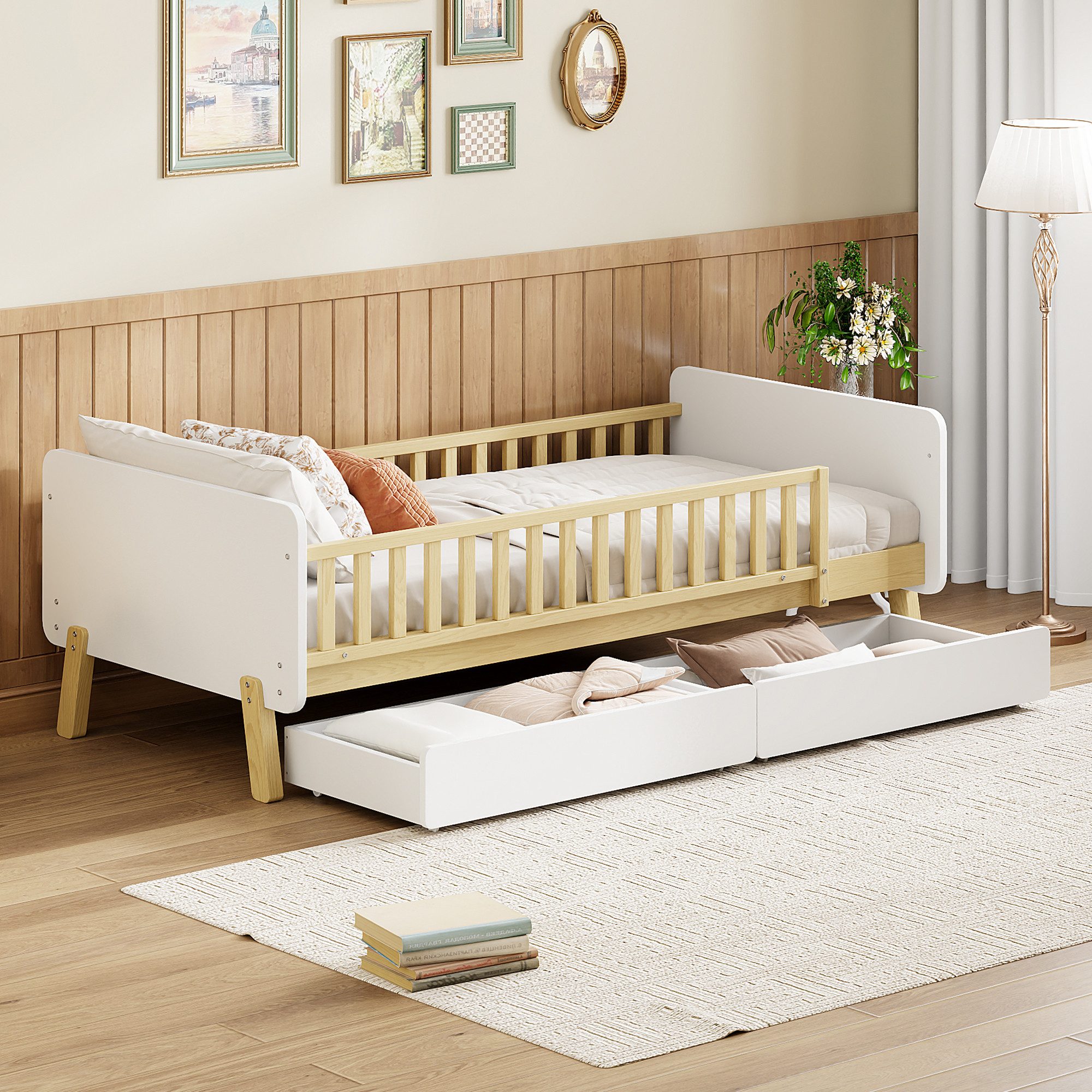 Kinderbett 90×190 Babybett mit Gitter und Schubladen,Bettgestell ohne Matratze