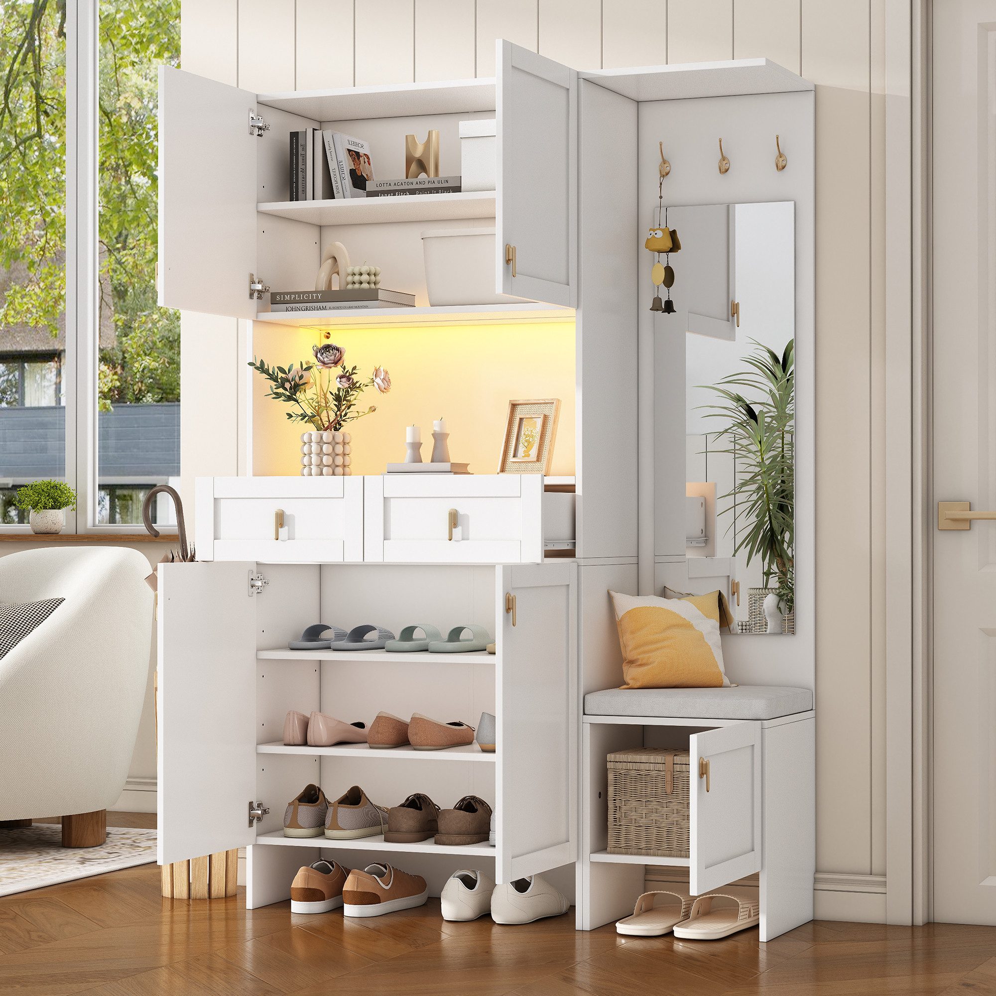 Flieks Garderoben-Set mit Led-Beleuchtung, Schuhschrank, Schuhbank und Spie günstig online kaufen