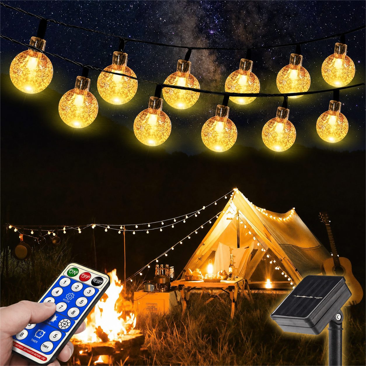 Fyrove LED Solarleuchte als dekorative Kugel-Lichterkette für draußen, Außenlichterkette für Terrasse, Balkon, Camping und Gartenfeste, 12 m, 100 LEDs, Warmweiß, 8 Lichtmodi, Solar & USB, Fernbedienung