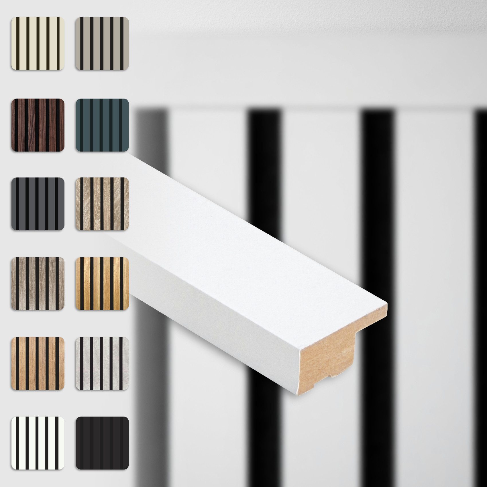 Hexim Wanddekoobjekt (Abschlussleiste 275x2,7cm passend für unsere Akustikpaneele - flexible Lamellenwand Holz MDF Wandpanelee Lamellenverkleidung Wandverkleidung (1 Abschlussleiste White - APA11)