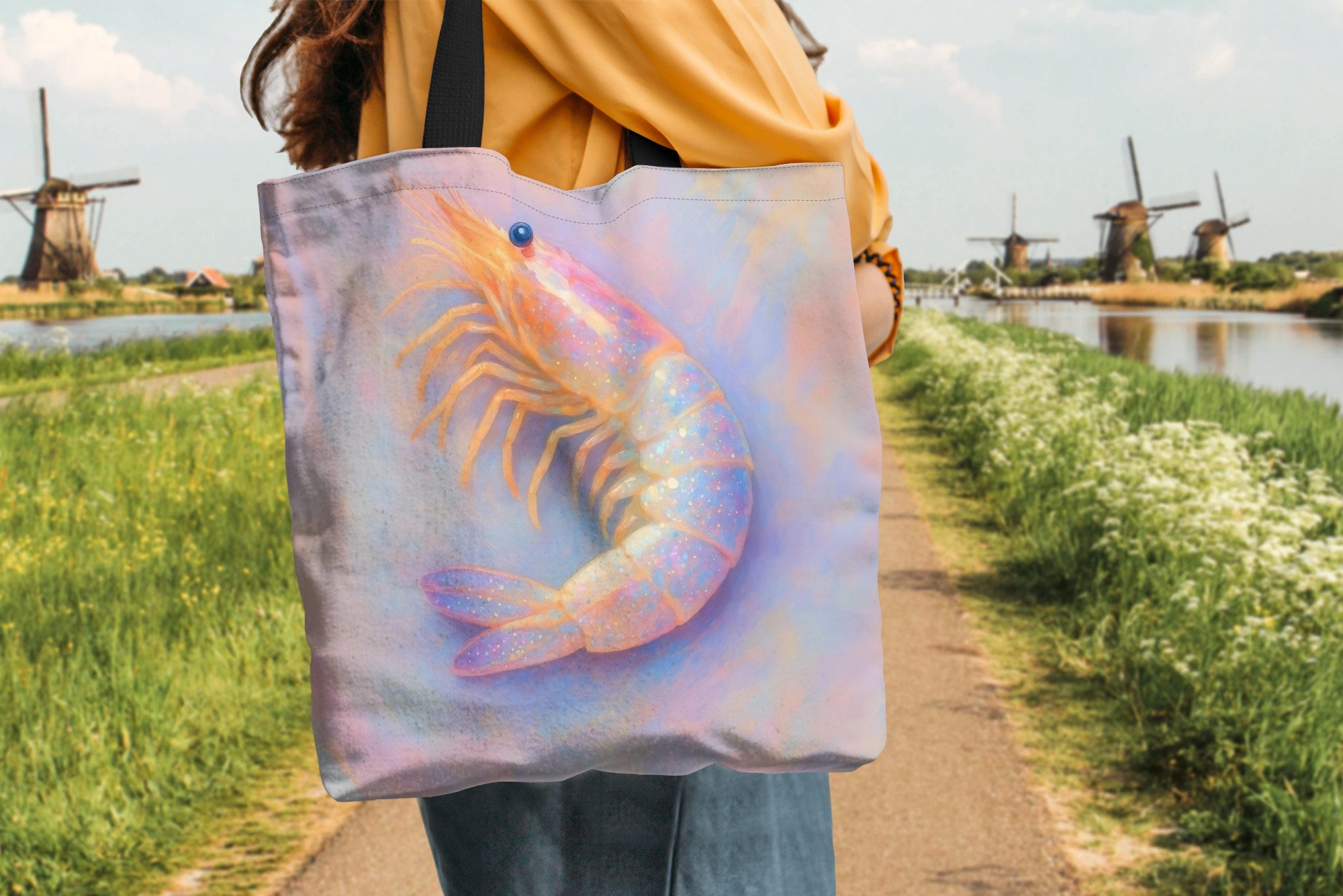 MuchoWow Shopper Garnele - Subtile Struktur - Blau - Rosa, Handtasche, Damen und Herren, Schultertasche, Umhängetasche, Tote Bag