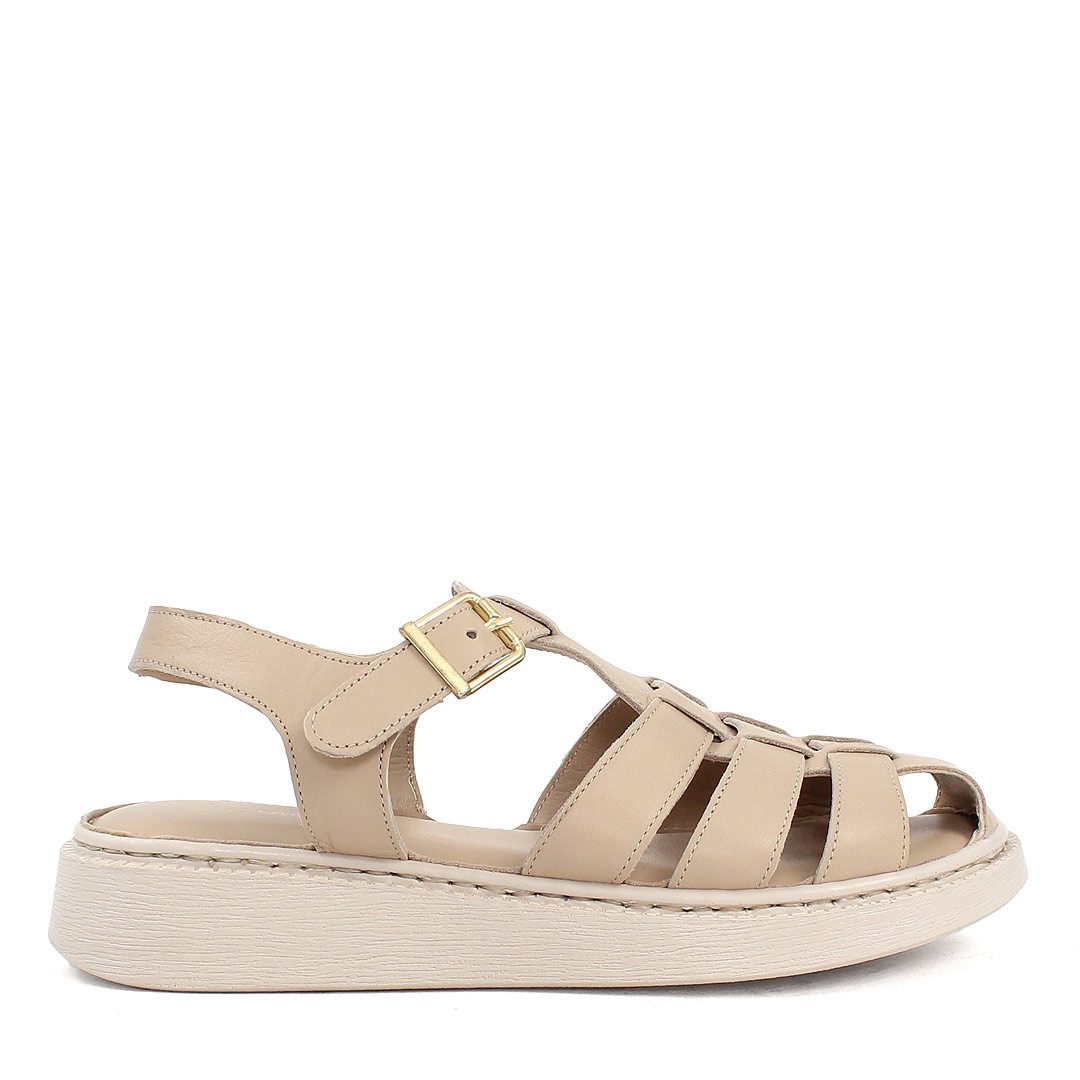 Celal Gültekin Plateau Fisherman Riemchen Flach Retro Damen Römersandale Glattleder, Echtleder-Futter & Decksohle, Beige, 36