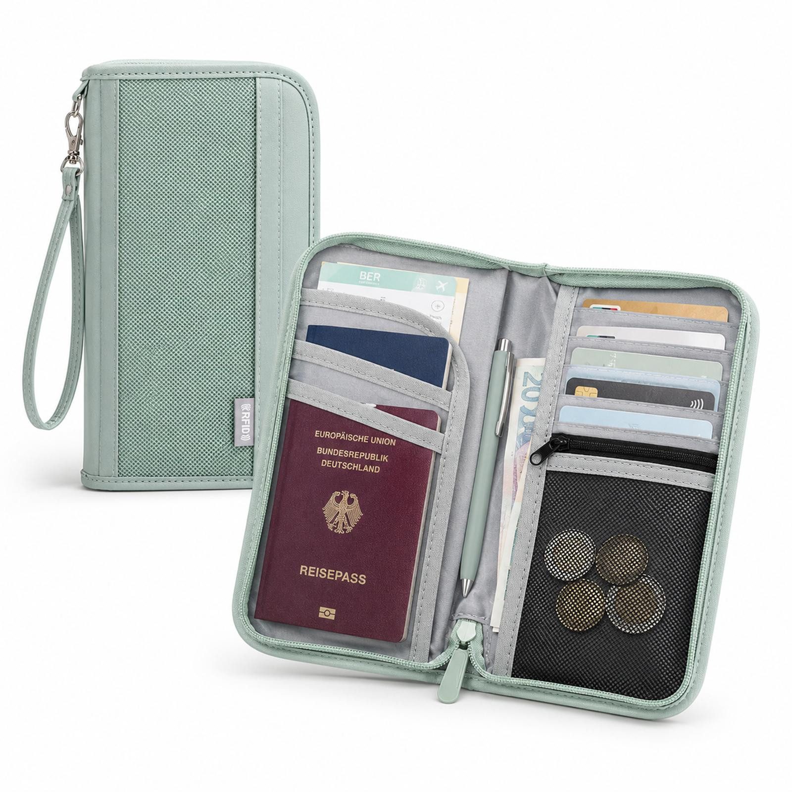 VERCO Dokumententasche RFID Schutz Reisepasshülle mit Kartenfächern, Reisebrieftasche mit Münzfach Handschlaufe Stifthalter Organizer