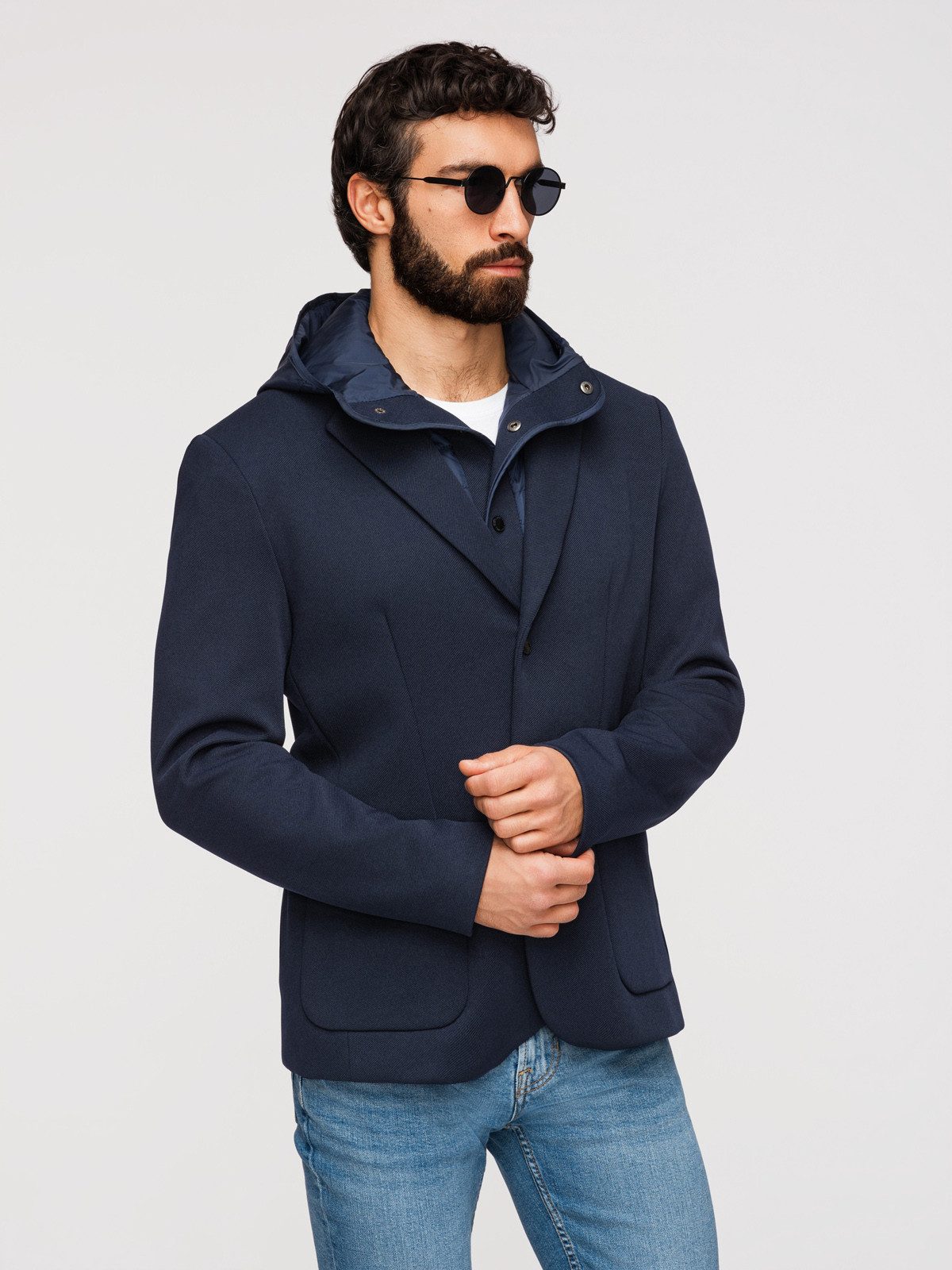 OMBRE Sakko mit Kapuze Herren Blazer mit abnehmbarer Kapuze Casual Navy XL (kein Set, 1-tlg) leicht gefüttert
