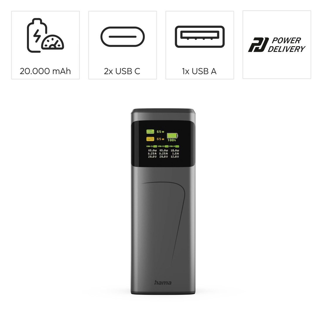 Hama Powerbank (65 W, 20000 mAh, 2x USB-C, 1x USB-A, Schnellladen) Powerbank