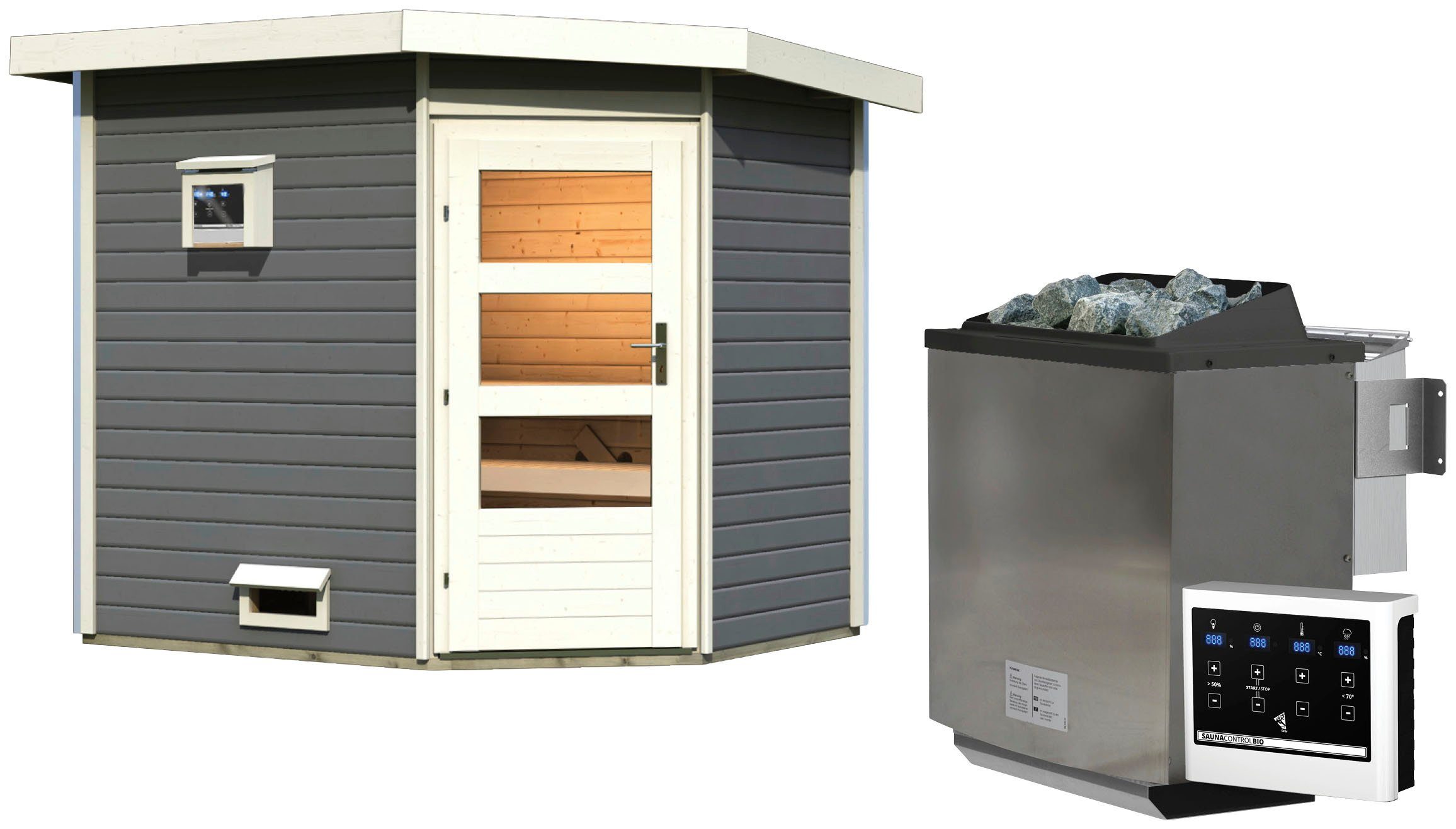 Karibu Saunahaus Tore, BxTxH: 231 x 196 x 226 cm, 38 mm, (Set) Ofen 9 kW Bio externe Strg easy