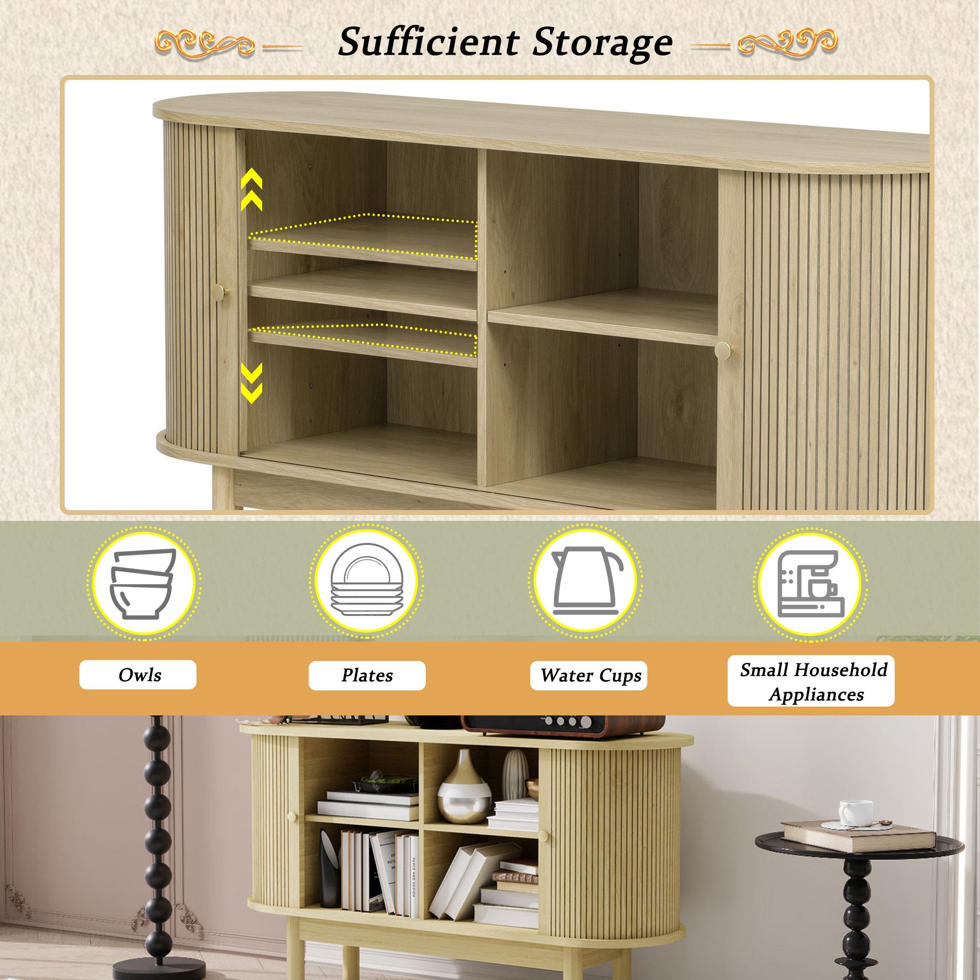 Yorbay Sideboard Beistellschrank Holz mit Schiebetüren und Kiefernholzbeinen, Maße: 138*43*75 Schrank fur Esszimmer, Küche, Flur