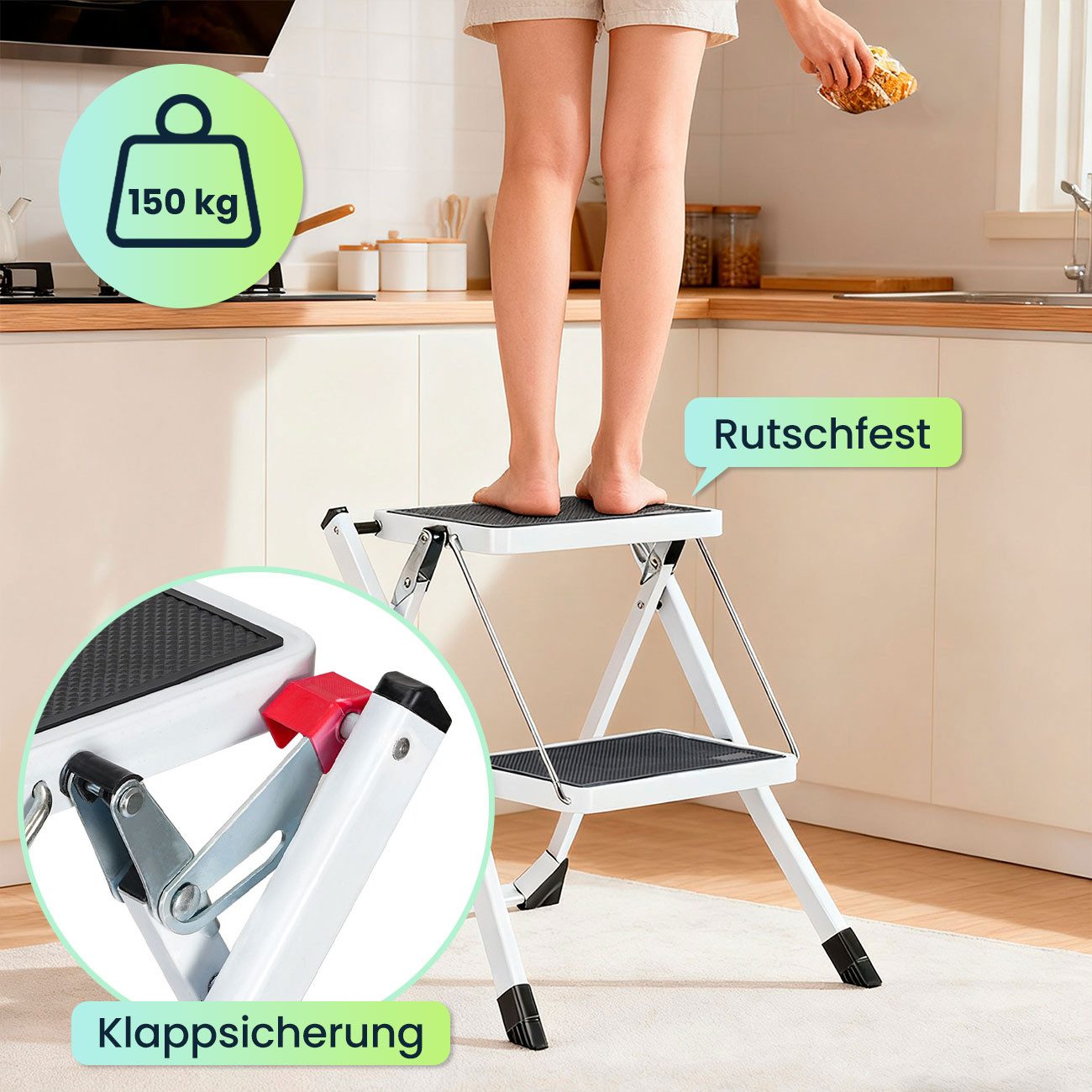 shop'n smile ideoon Trittleiter Küchenleiter & Tritthocker-Set 2 Stufen 150 kg rutschfest klappbar (Set, 1-St., 1er-Set&2er-Set), platzsparend, rutschfeste Stufen&Füße, belastbar je 150 kg