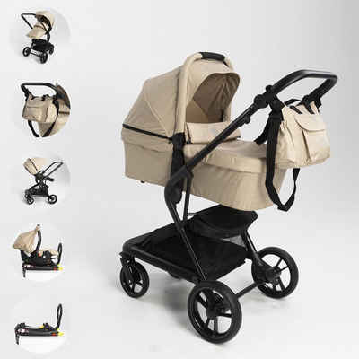 LOVY Kombi-Kinderwagen 4 in 1 Set. Eingeschlossen: Babywanne, Babyschale für das Auto, Sportsitz, Wickeltasche, Moskitonetz, Isofix-Basisstation.