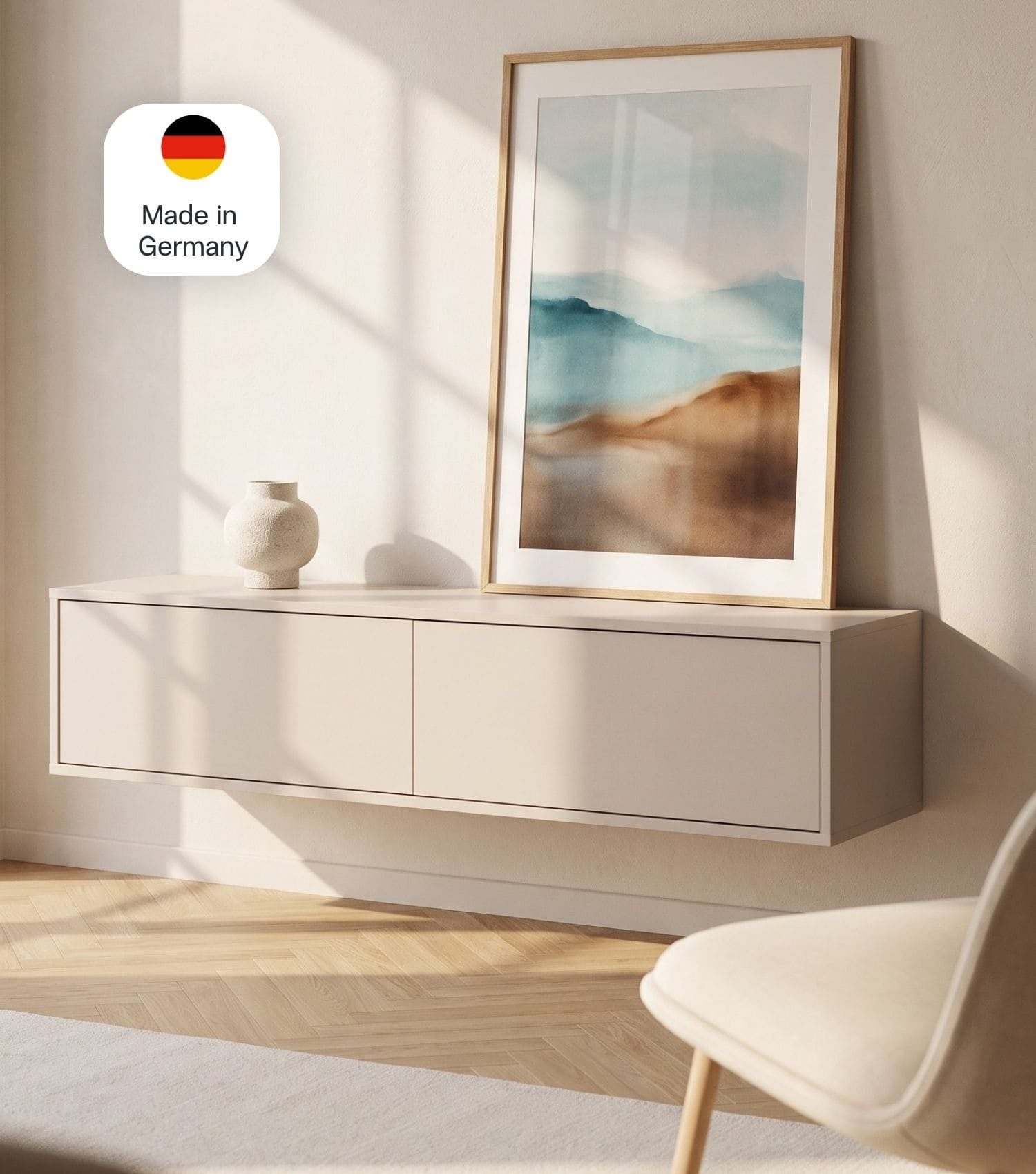 mokebo Sideboard 'Stage' Holz Lowboard TV-Schrank Push-to-Open Türen 160cm (160x36 cm, mit Einlegeböden), Made in Germany, TV-Board Beige, Fernsehschrank, Schrank Kaschmir