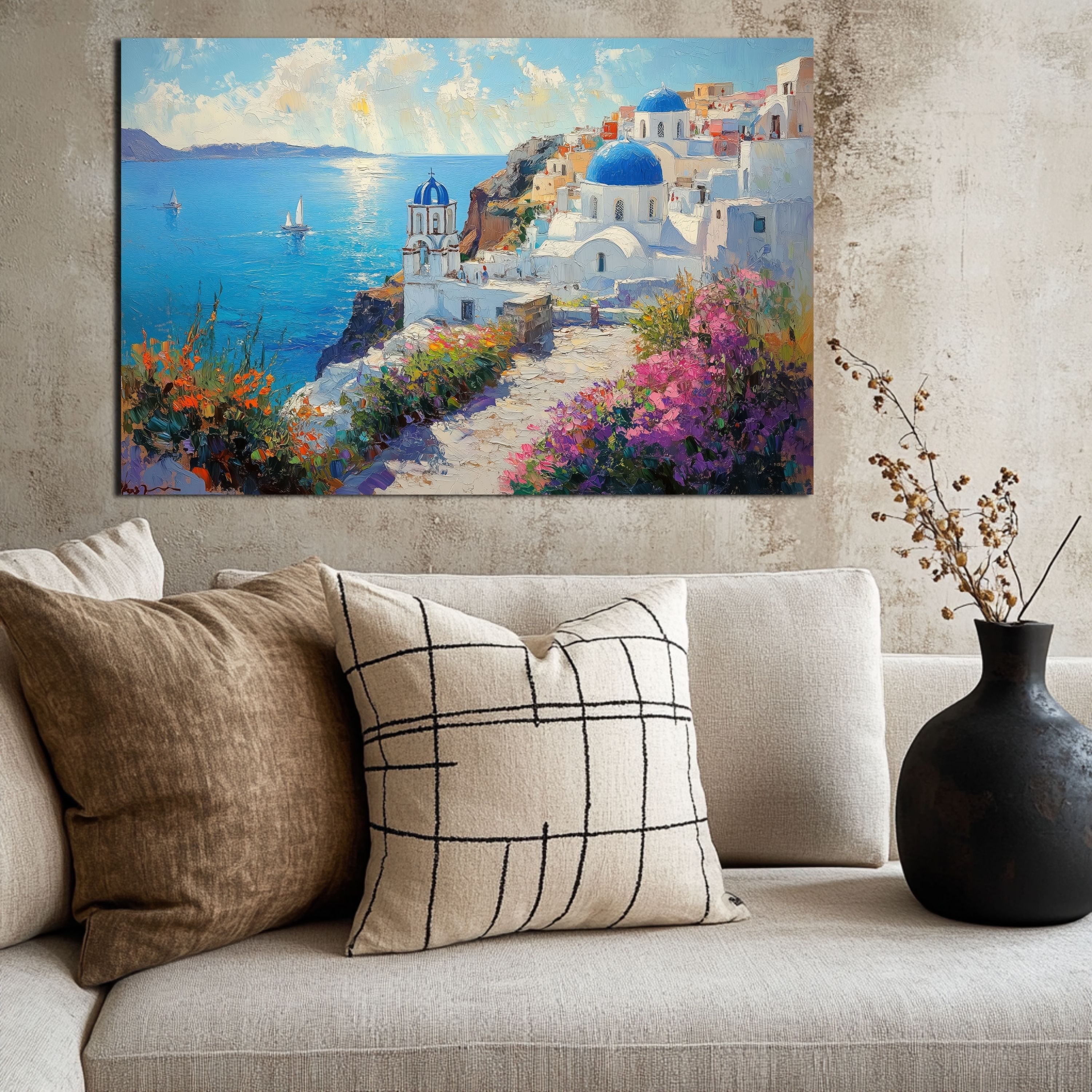 DARO Design Leinwandbild Modern Abstrakt Wandbilder XXL Wandbild Wand Deko Leinwand Bilder, (Santorini - Bild Groß Wohnzimmer Schlafzimmer Küche Esszimmer Einteilig Querformat Fotodruck Leinwände Wanddeko Abstrakte Kunst Boho), 30x20cm