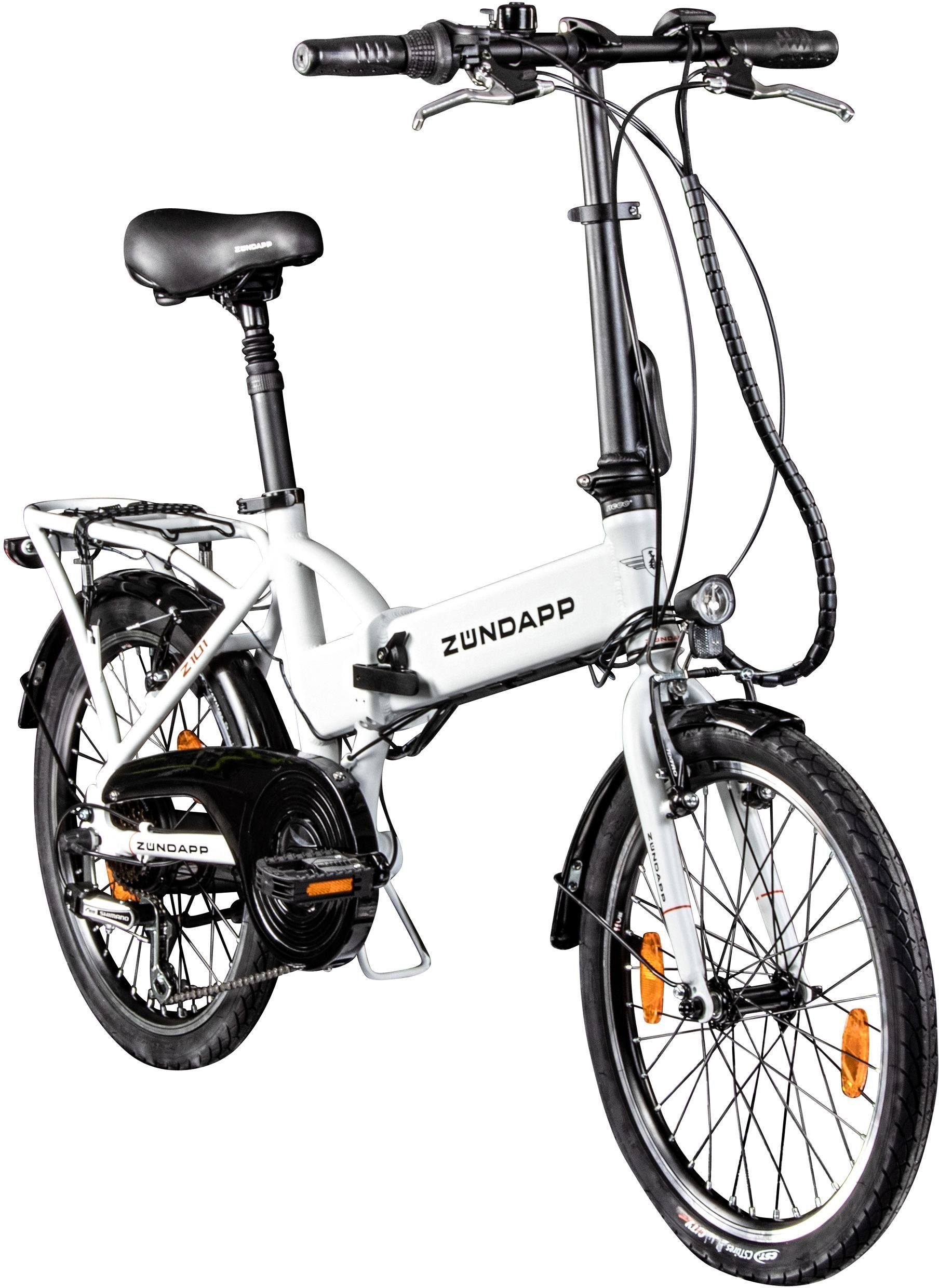 Zündapp E-Bike Klapprad Z101, 6 Gang Shimano Tourney Schaltwerk, Kettenschaltung, Heckmotor, 270 Wh, Pedelec, Elektrofahrrad für Damen u. Herren