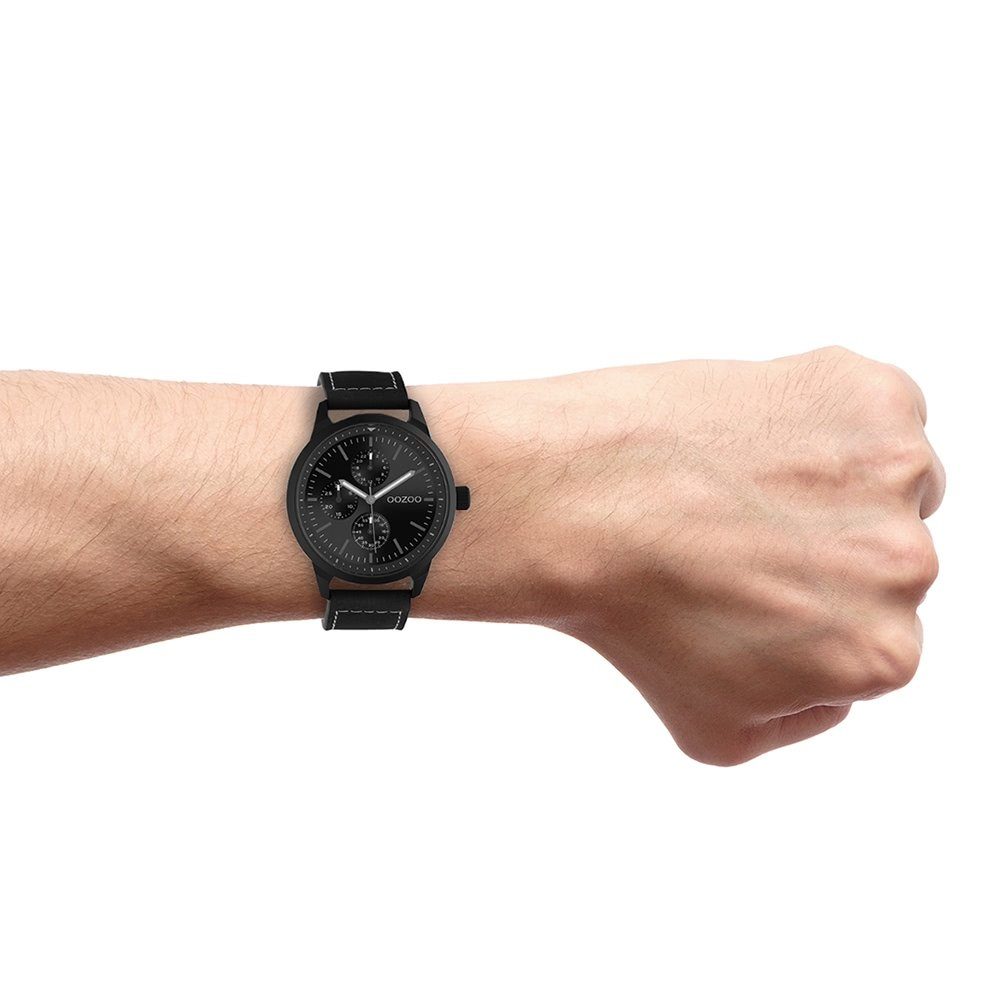 OOZOO Quarzuhr Oozoo Unisex Armbanduhr Casual-Style groß Lederarmband, Herrenuhr (ca. Analog, rund, Damen, 45mm) schwarz