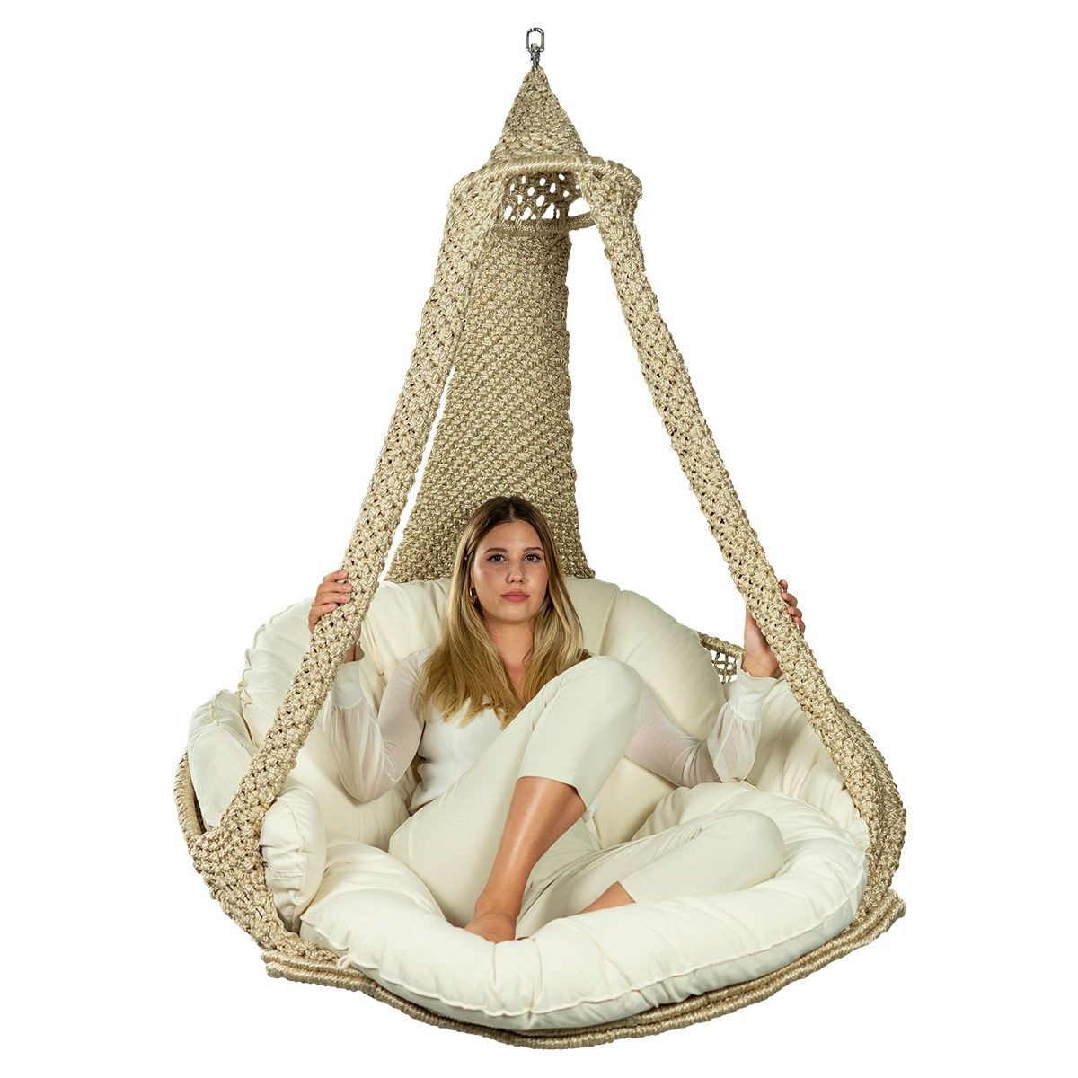 Lola Hängematten Hollywoodschaukel Lola Hängesofa Nido XL champagne wetterfest mit Kissen ecru