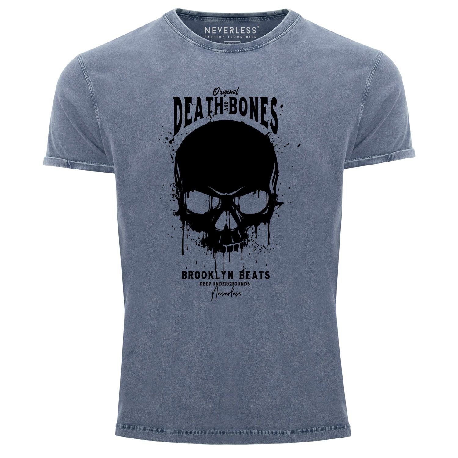 Neverless Print-Shirt Neverless® Herren T-Shirt Vintage Shirt Printshirt Skull Death and Bones Totenkopf Club Outfit Used Look Slim Fit mit Print blau