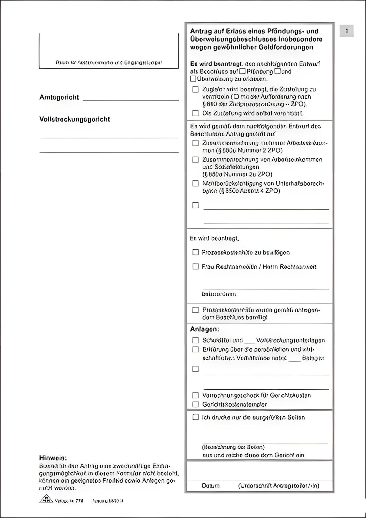 RNK Formularblock RNK Antrag auf Erlass eines Pfändungs- und Überweisungsbeschlusses