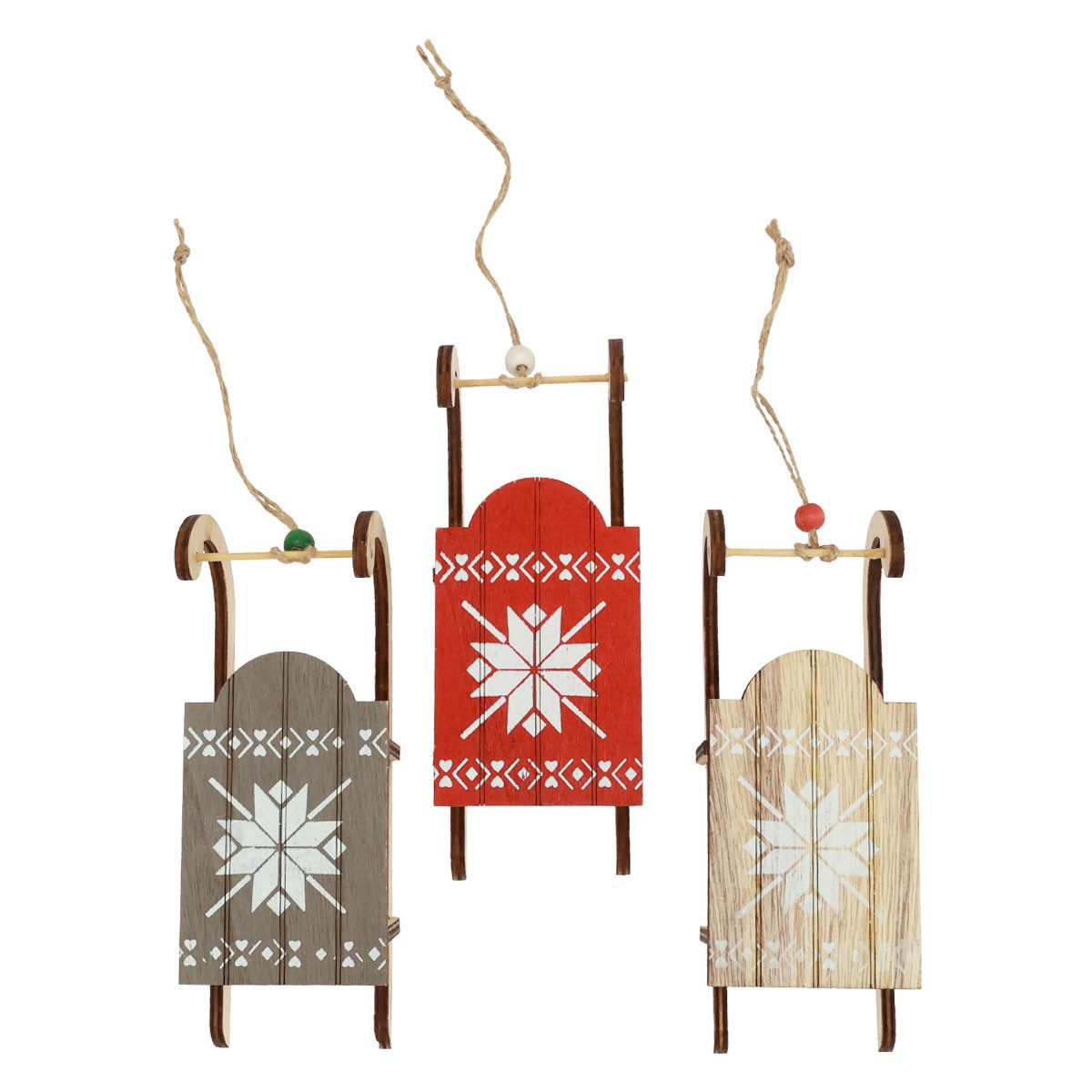 Florists Products Christbaumschmuck Weihnachtsschlitten Holz Deko 16x6x5cm 3er Set Rot Grau Natur, 3 Stück