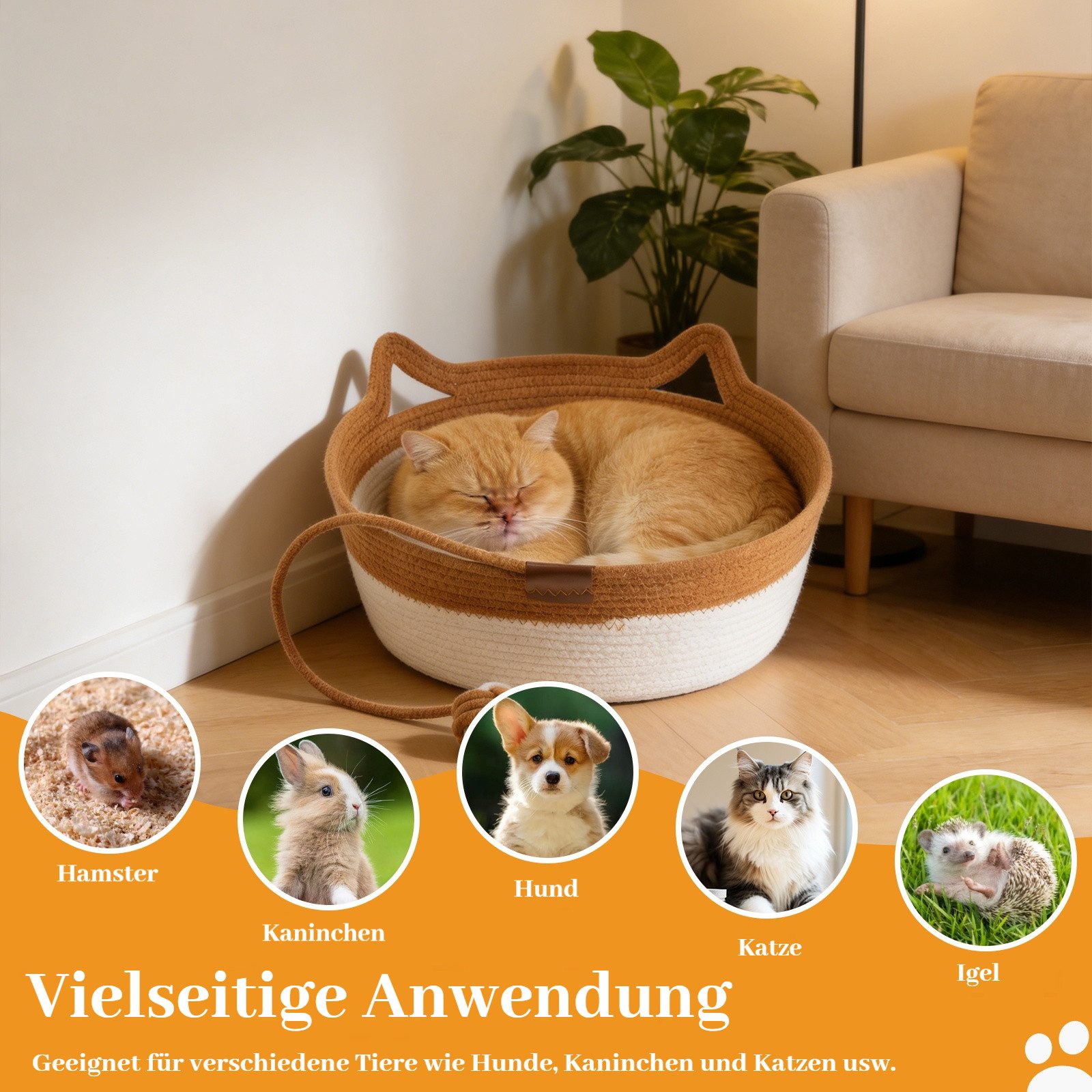 BlingBin Tierhöhle Katzenbett waschbar Rund Katzenkorb,Ø 46 cm, Höhe 15 cm, Sommer Katzenbett Handgewebt und Kratzfest für Katzen