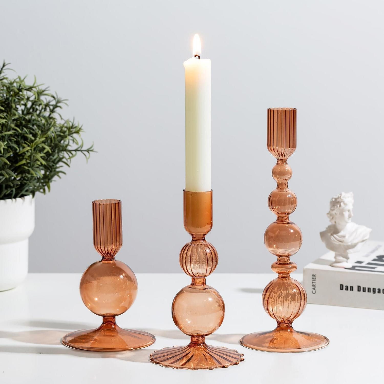 LuxusKollektion Kerzenständer Stabkerzenhalter Glas Braun 3 Stück (3 St)
