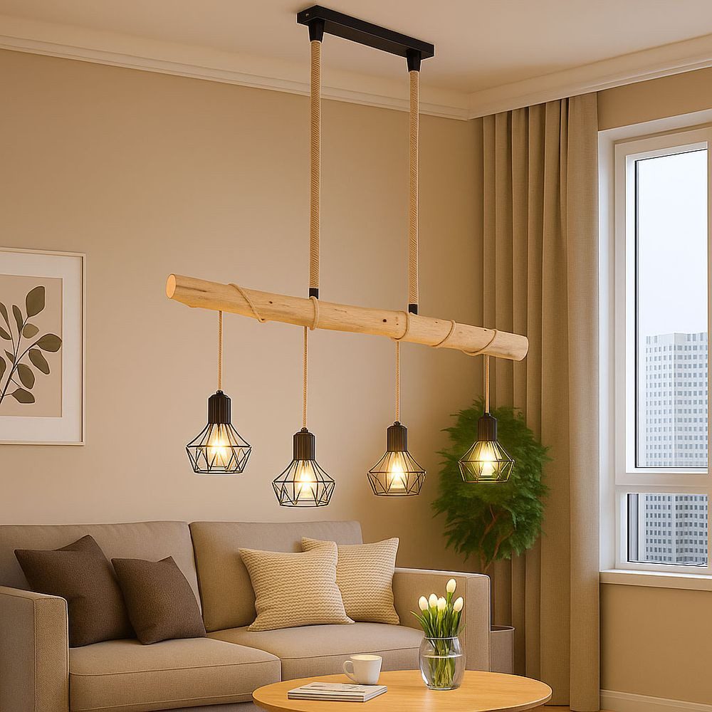 GLOBO LIGHTING LED-Hängeleuchte, Leuchtmittel inklusive, Warmweiß, Hängeleuchte LED Esszimmerlampe Deckenleuchte Pendellampe, Holz Balken