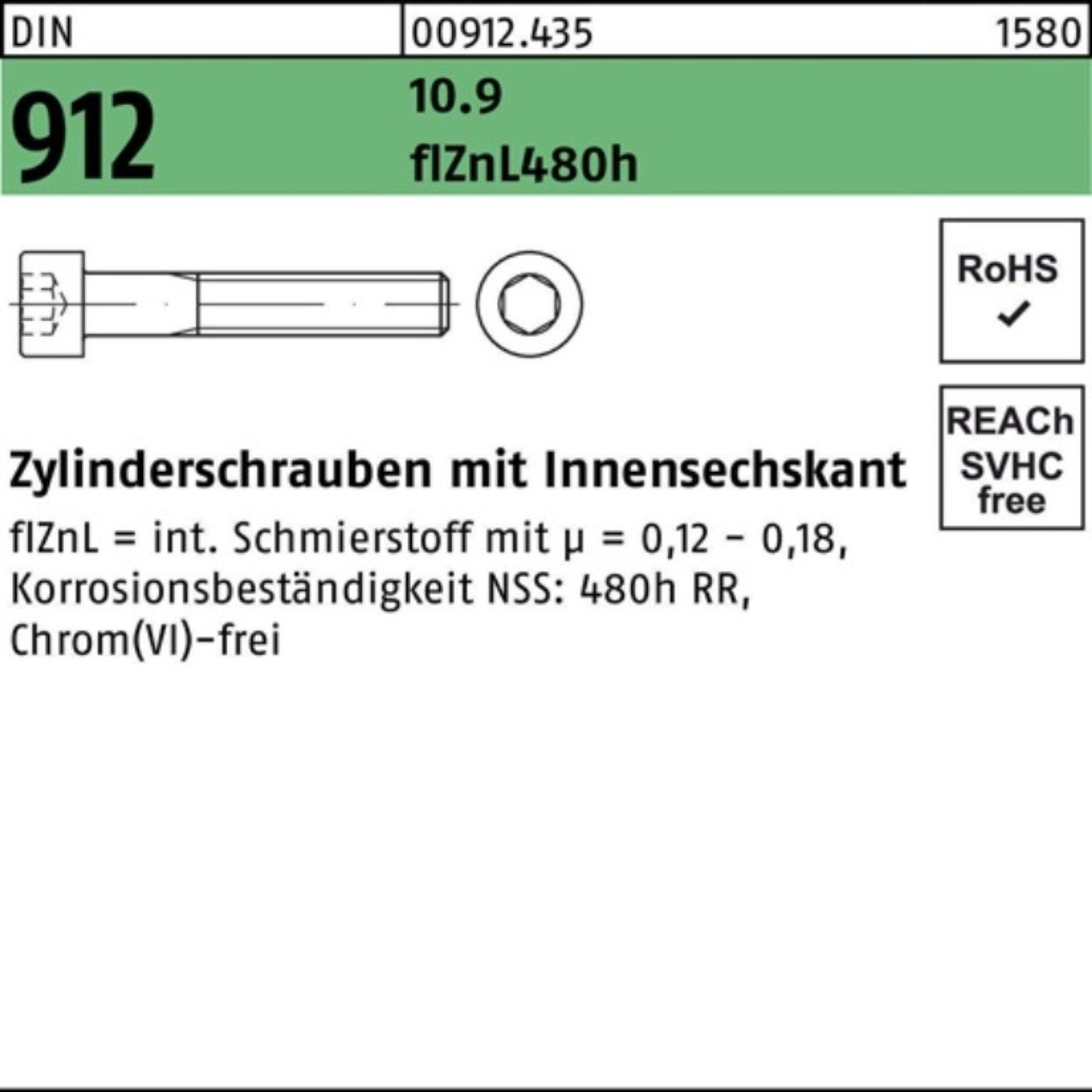 Reyher Zylinderschraube 500er Pack Zylinderschraube DIN 912 Innen-6kt M5x30 10.9 flZnL/nc/x/x