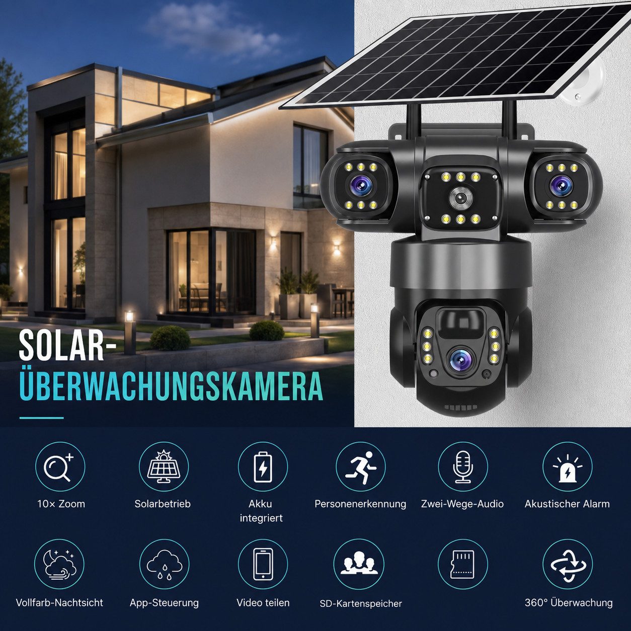 HS.SUPPLY Überwachungskamera Solar Überwachungskamera Außen WLAN PTZ 15MP 3-Linsen IP66 (Innenbereich, Außenbereich, Komplett-Set, Direkt einsatzbereit, Drei Ob – Bild 5 von 5