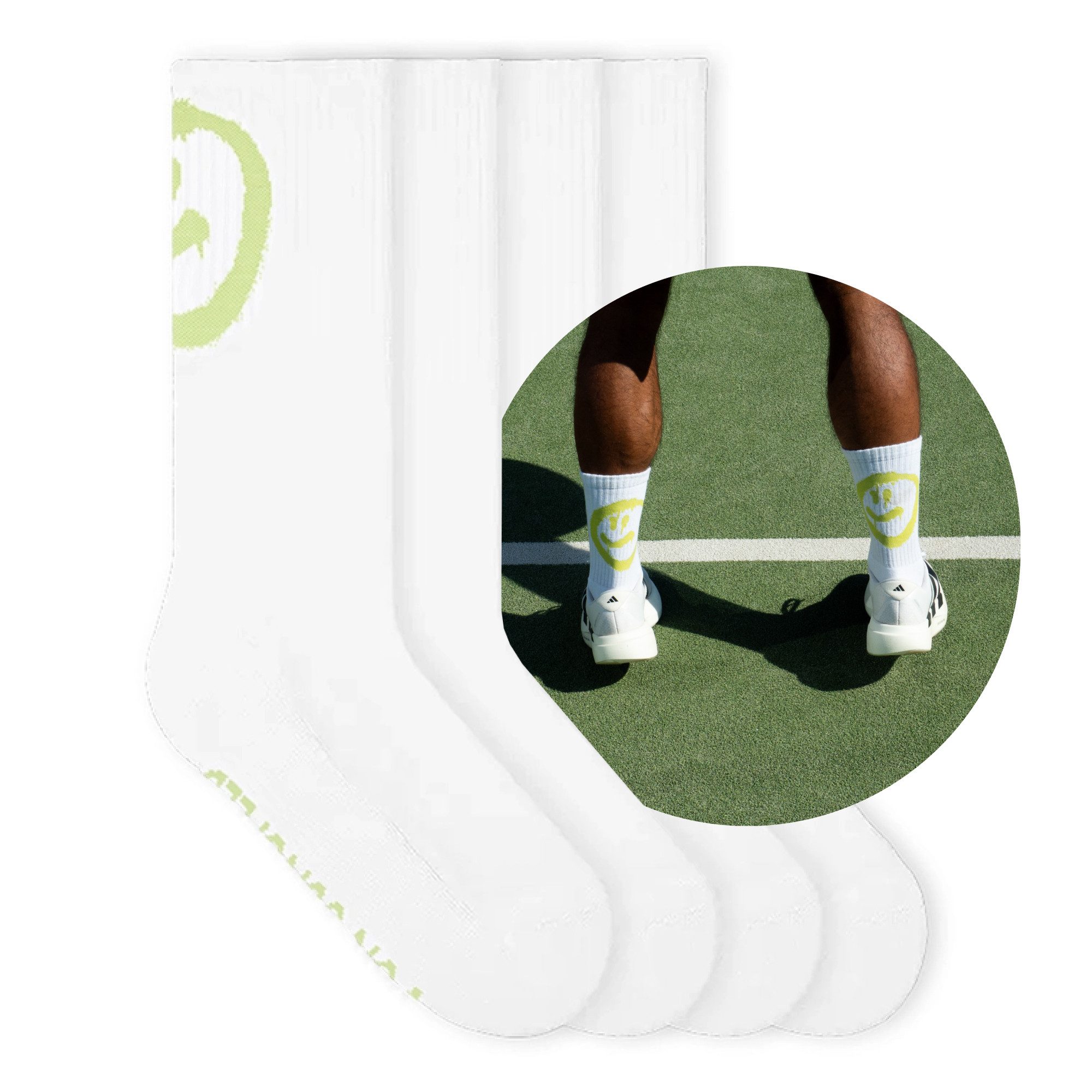 von Jungfeld Tennissocken Smiley Matcha Crew-Socken Baumwoll-Mischung 35-46 (2-Paar, 2er-Pack) hohe Sportsocken aus Bio-Baumwolle, mit verstärkter Ferse und Spitze