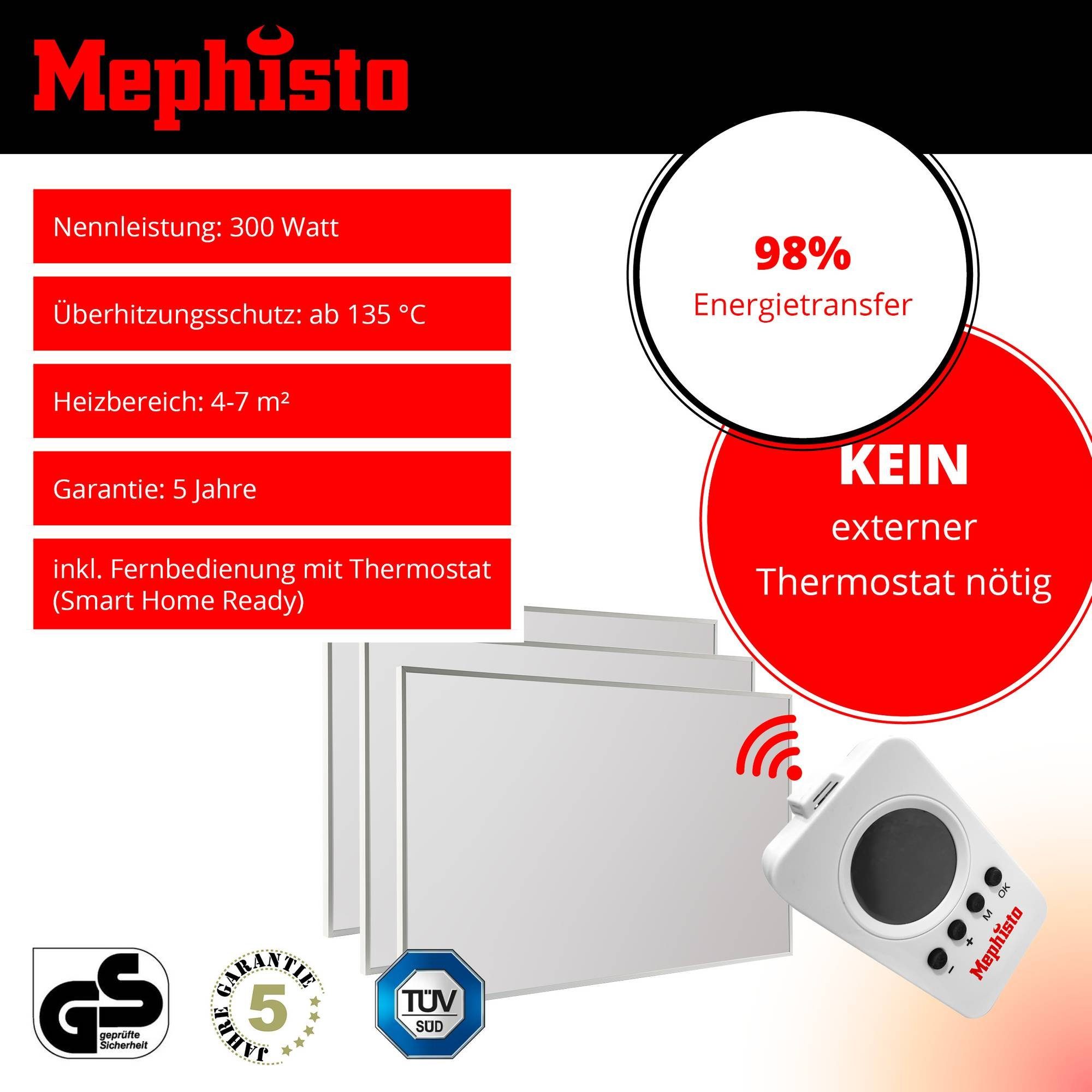 inkl. Thermostat Steuerung 300-1200W Elektroheizung Mephisto-Heat Fernbedienung Paneelheizkörper, und WIFI Heizung Standheizung energiesparend Wand- Infrarot APP