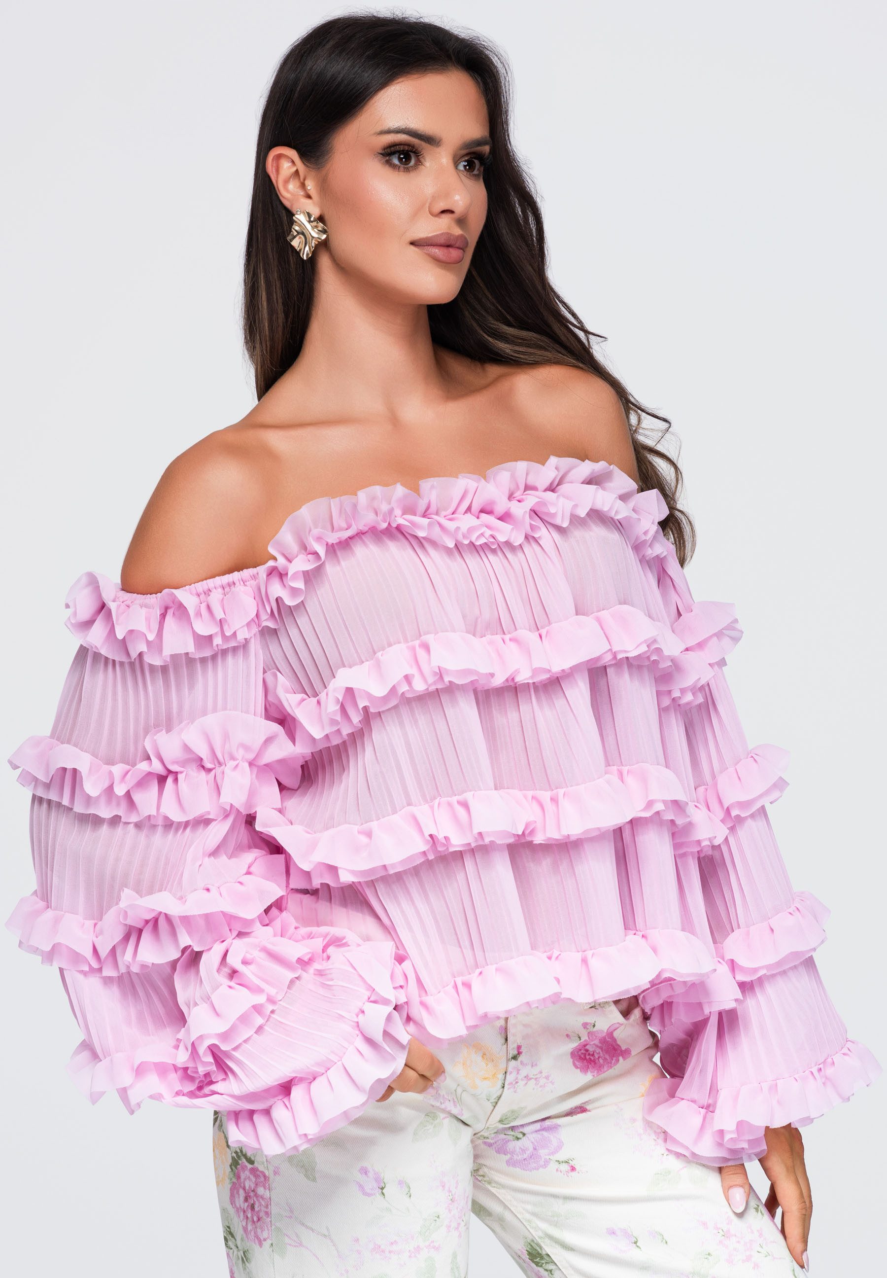 OMBRE Hemdbluse Damen Bluse mit Rüschen und weitem Schnitt Pink M (kein Set, 1-tlg) plisierte Struktur