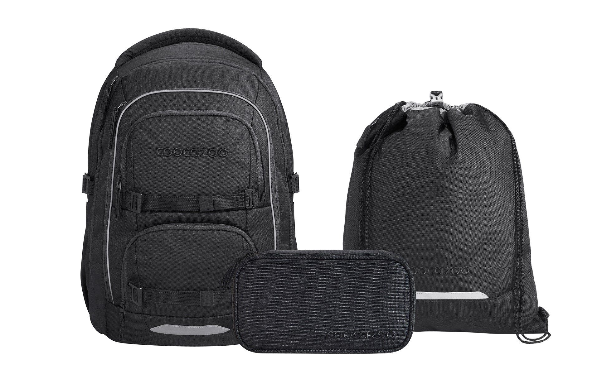 coocazoo Schulranzen Schulrucksack-Set PORTER, Black Coal 3-teilig (3-teilig), ergonomisch, Körpergröße: 135 - 180 cm, Easy-Grow-System