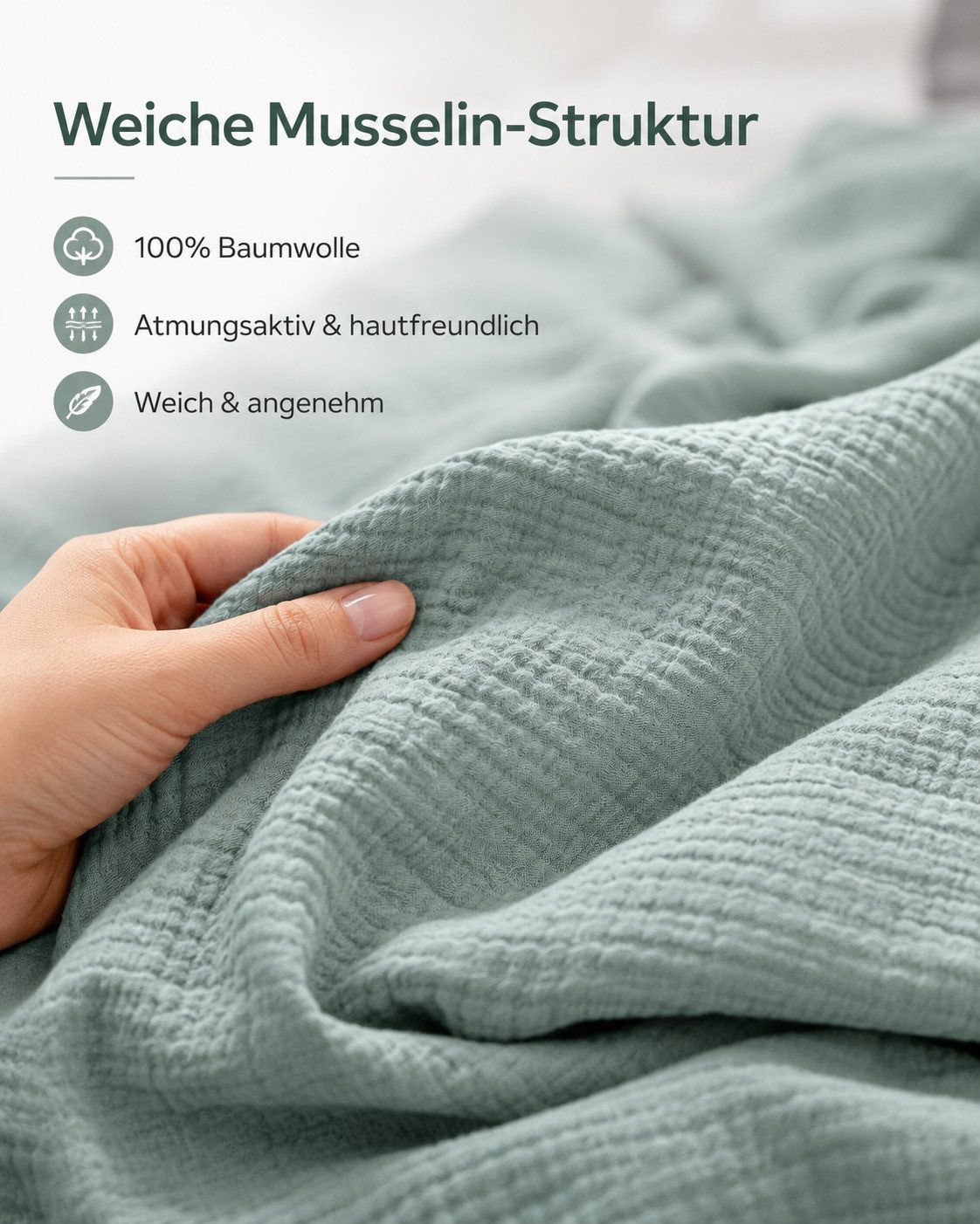 pure hug Bettwäsche Set Musselin 135x200 Design Matcha grün Baumwolle, Musselin, 2 teilig, Sommer Geschenke Idee Frauen Männer weich sale Reißverschluss Partner – Bild 4 von 5