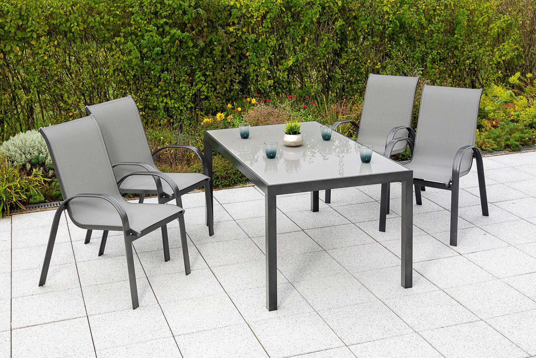 MERXX Garten-Essgruppe Amalfi, (Set, 5-tlg), 4 Stapelsessel, Tisch