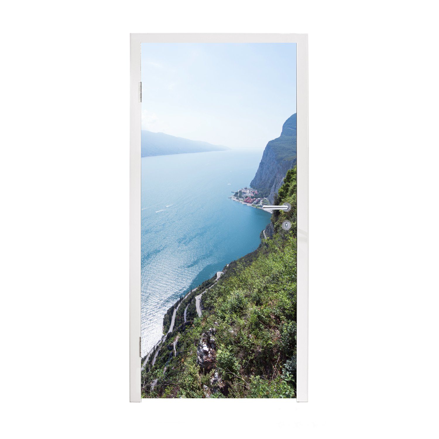 MuchoWow Türtapete Gardasee - Wasser - Küste, Matt, bedruckt, (1 St), Selbstklebende Tapete, Folie für Möbel, 75x205 cm
