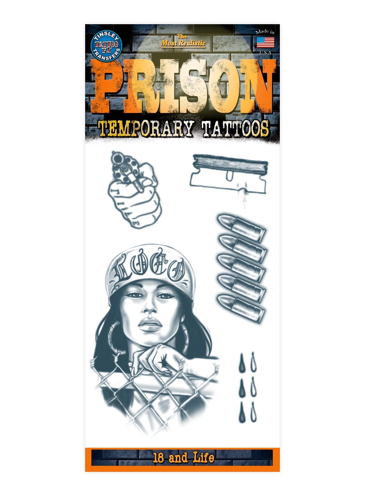 Tinsley Theaterschminke Häftling Klebe-Tattoo Set - Fasching Halloween Kar, Temporäre Tattoos in beeindruckend realistischer Hollywood-Qualität