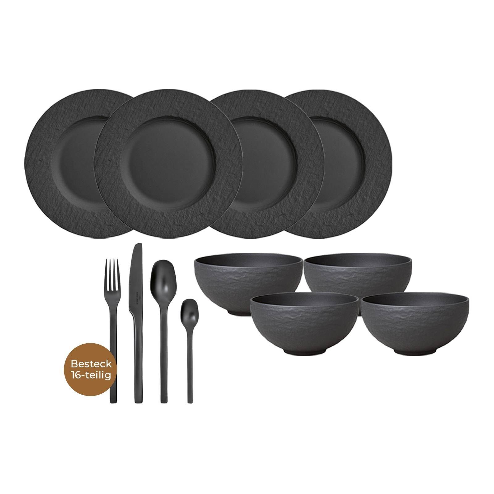 Villeroy & Boch Kombiservice Manufacture Rock Tafelservice mit Besteck 24er Set (24-tlg), Material-Mix