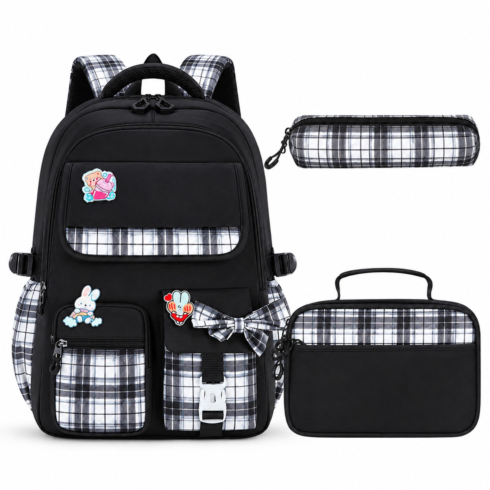 MOPUEA Schulrucksack Schulrucksack Set 3-tlg Wasserabweisend Ergonomisch mit Viele Fächer (Schulrucksack Set mit Lunchtasche und Federmäppchen, Rucksack Lunchtasche und Federmäppchen im passenden Design), Wasserabweisend ergonomisch reflektierend großes H