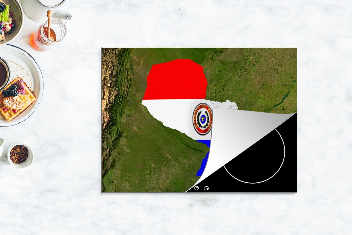 Vinyl, tlg), mit nutzbar, Mobile MuchoWow Landes Ein der Paraguay darüber, des 70x52 cm, Satellitenbild Arbeitsfläche (1 Flagge Herdblende-/Abdeckplatte Ceranfeldabdeckung von