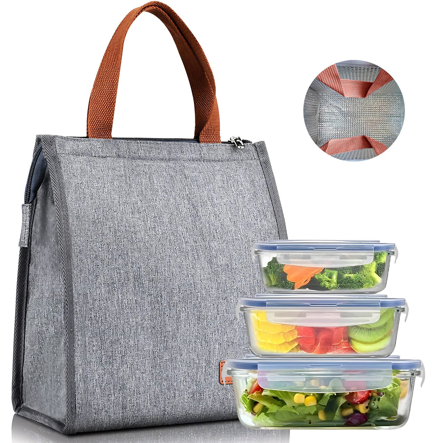 HEYHIPPO Einkaufsshopper Isolierte Lunchtasche–wiederverwendbar, ideal für Arbeit & Reisen,grau, Kühltasche für Mahlzeiten–Thermobeutel für Schule & Büro,24×16×28 cm