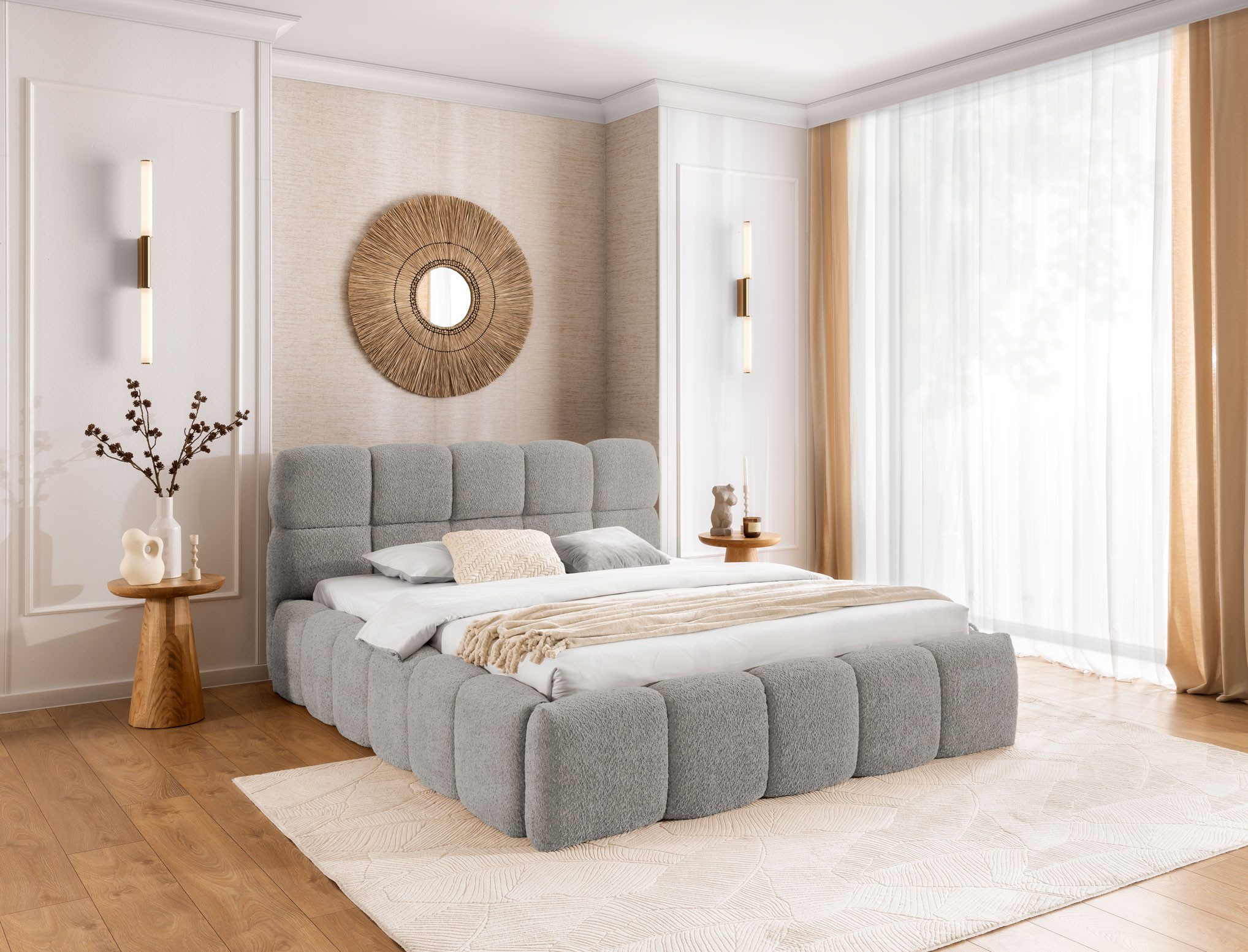 yourhouse24 Polsterbett Sorento mit Bettkasten (Bettgestell mit Lattenrost), Bouclé-Stoffbezug, Gepolstertes Kopfteil, Wolkenbett