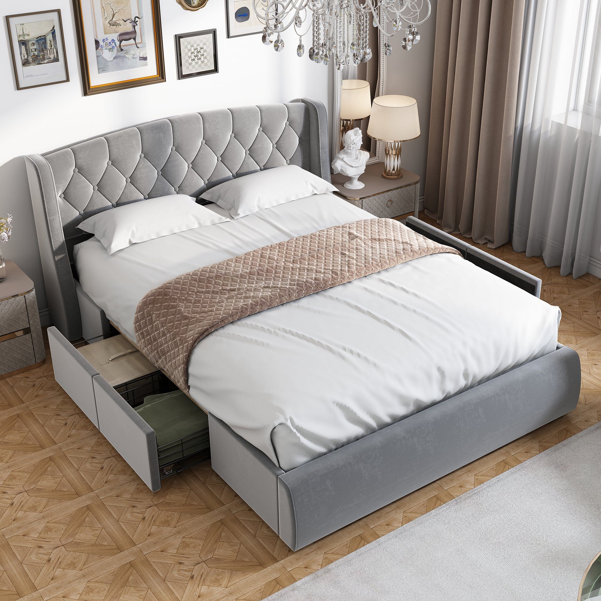 Polsterbett (Polsterbett, 140 x 200 cm Doppelbett mit Lattenrost und 4 Schubladen), Holzbett inkl. Kopfteil mit Rautensteppung, Bezug aus Samtstoff