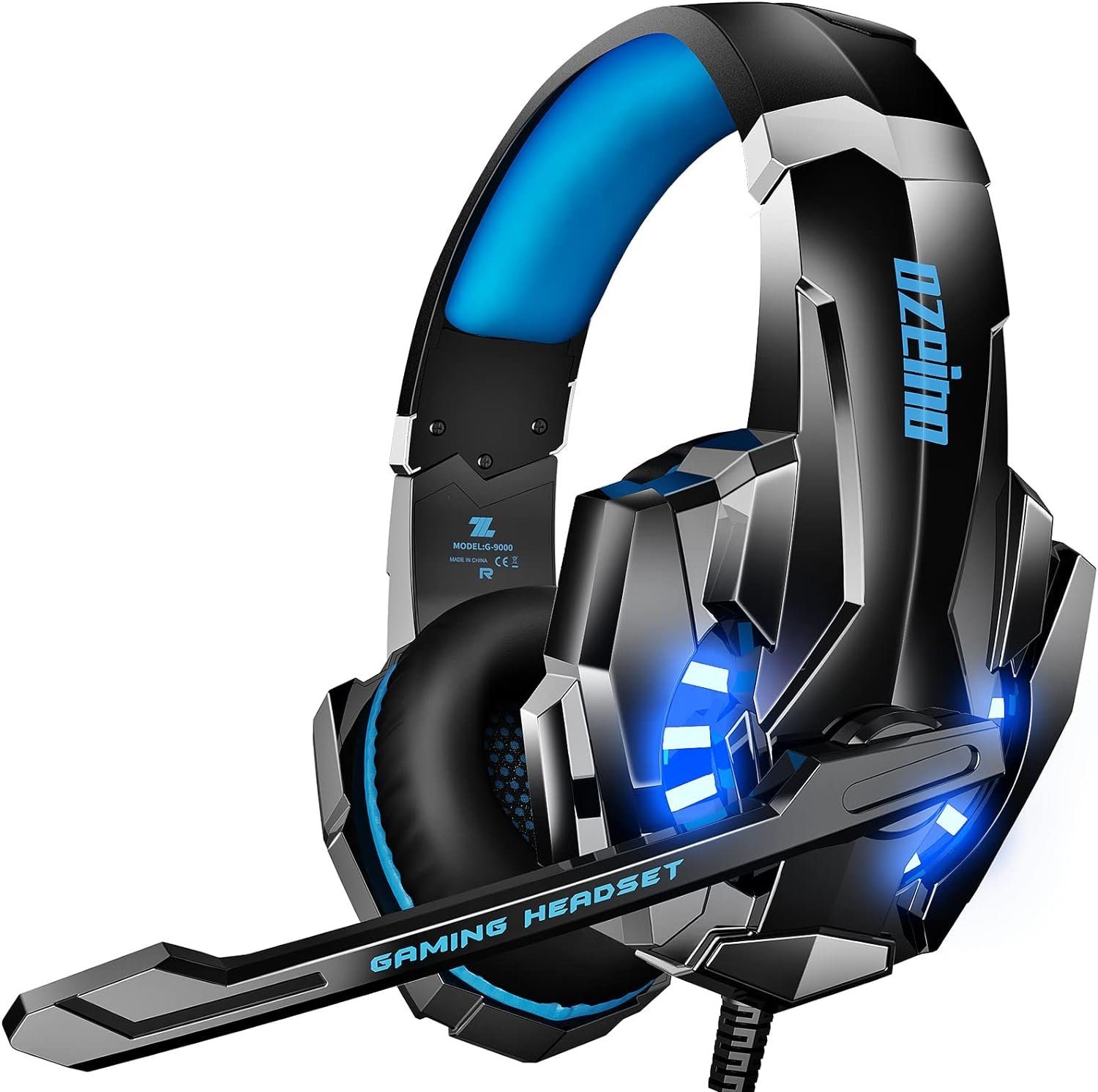 ozeino Gaming-Headset (In den Kopfbügel eingelassene Metallplatte aus rostfreiem Stahl, Mit Kabel, 3D Surround Sound Noise Cancelling Kopfhörer Mit Mikrofon with LED)
