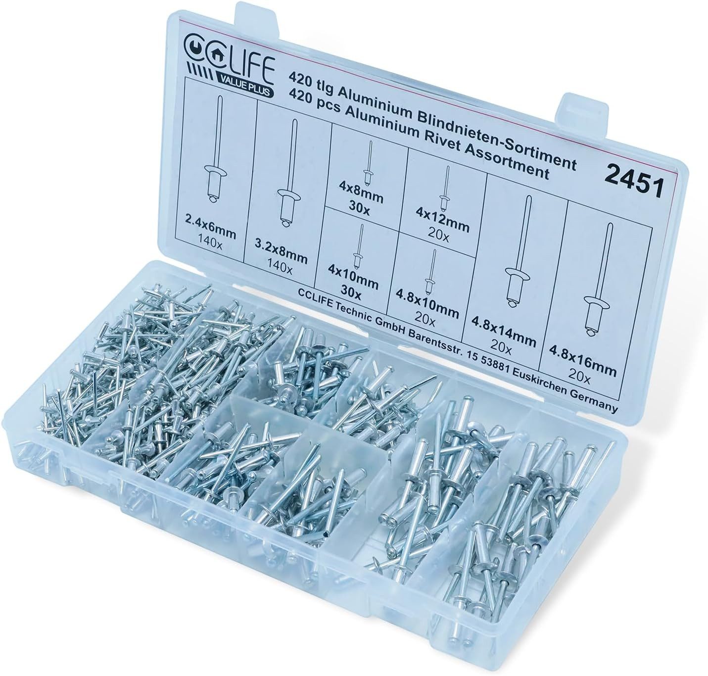 CCLIFE Blindniete Alu Blindnieten Sortiment Popnieten Set Pop Nieten, (420 St)