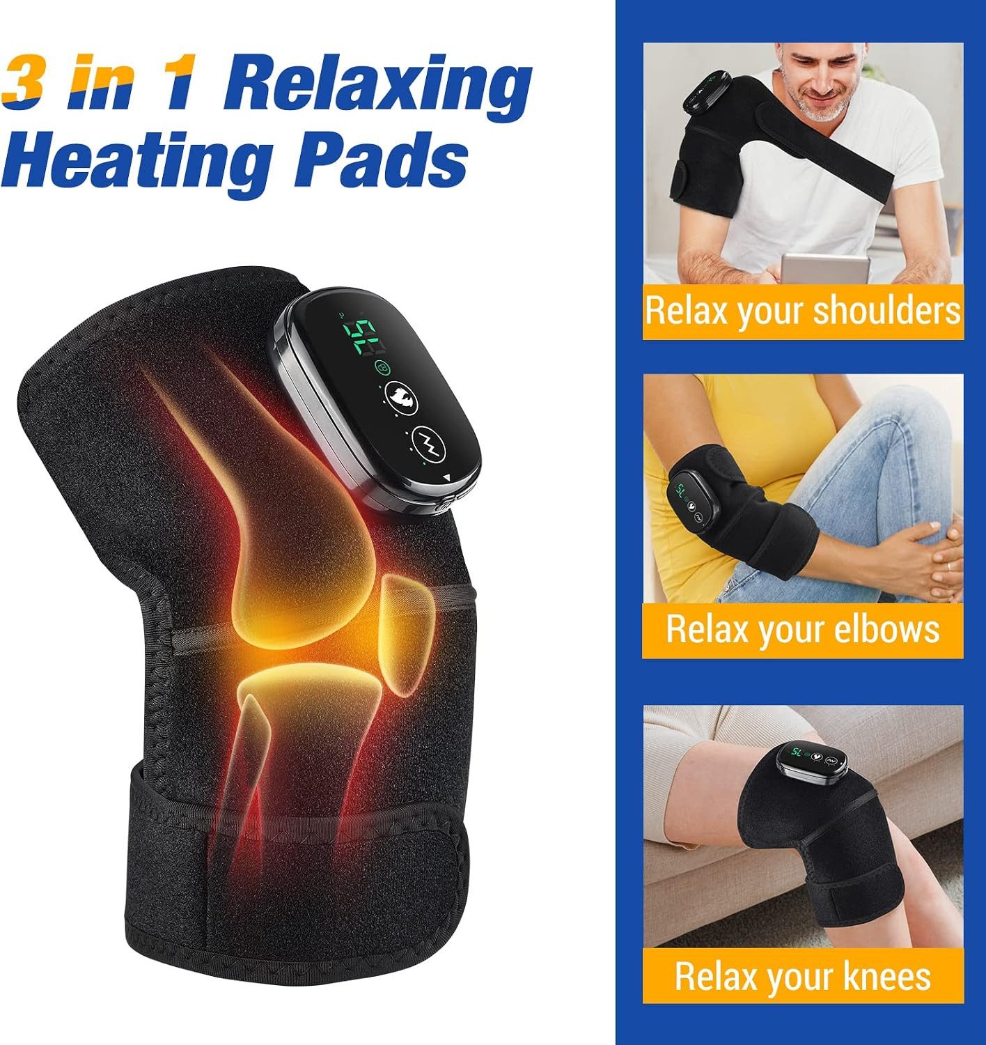 Toomoke Massagegerät 3 in 1 Elektrische Kniemassagegerät mit Wärmefunktion Kniebandage, für Knie, Schulter & Ellenbogen, 5000 mAh, kabellos, Vibrationsmassage, Geschenk