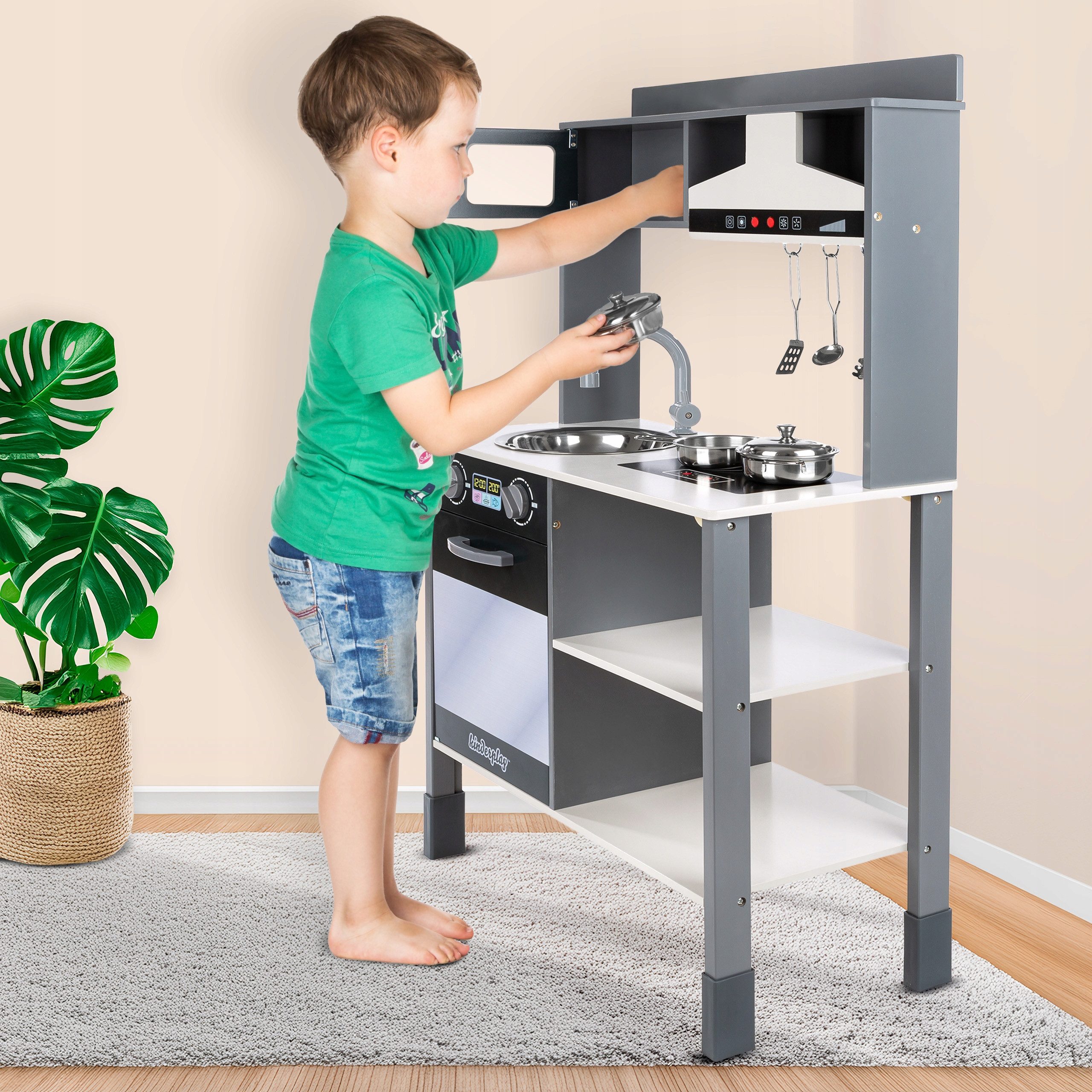 kinderplay Spielküche Kinderküche Holz 100cm – Interaktiv mit Licht & Sound – Spielspaß Holz, mit Sound