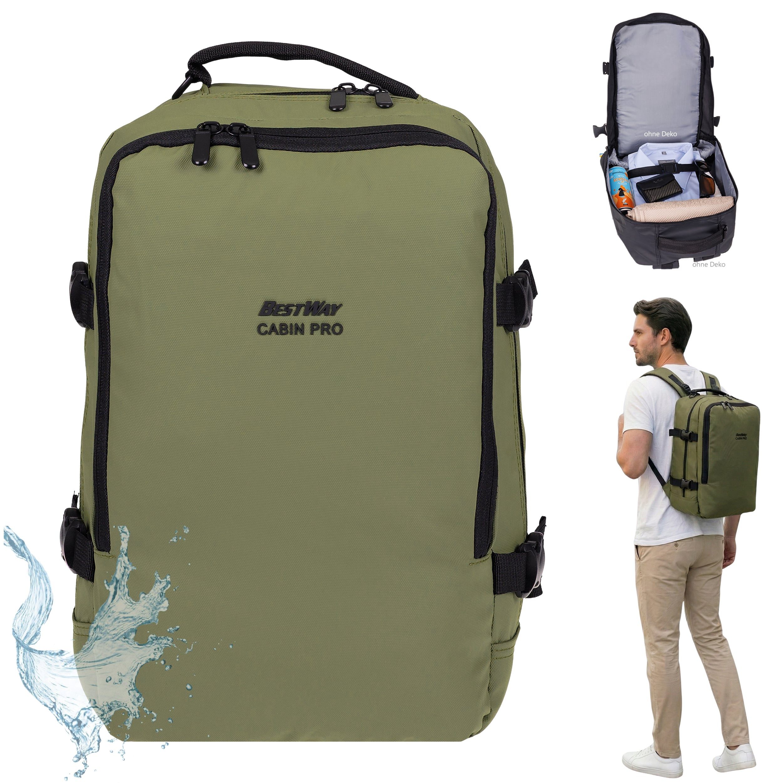 BestWay Bags Reiserucksack Handgepäck Rucksack für Ryanair aus Plane, Cabin Pro Flugzeug Kabinenrucksack Laptoprucksack 40350 + Koffergurt
